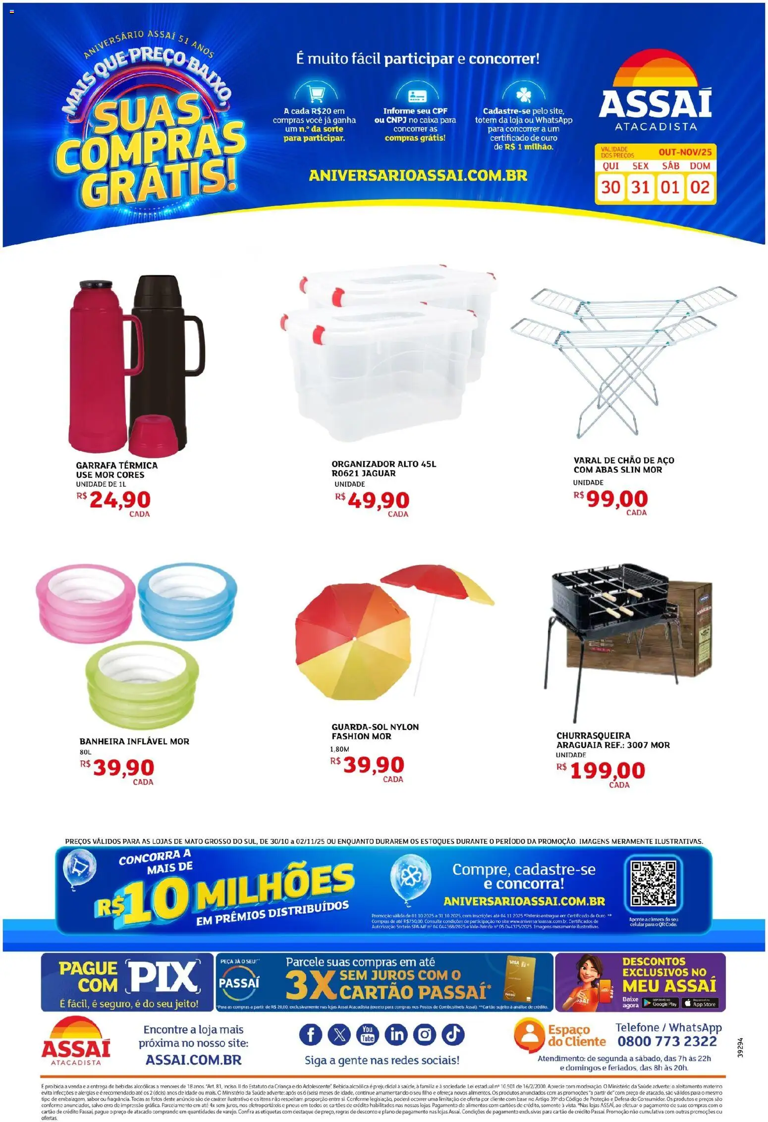 Pré-Visualização do folheto "Encarte - MS" da loja Assaí Atacadista válido a partir de 30/10/2025 - Telefone, Varal de chão, Bebidas, Base, Bebida, Banheira, Alimentos, Organizador
