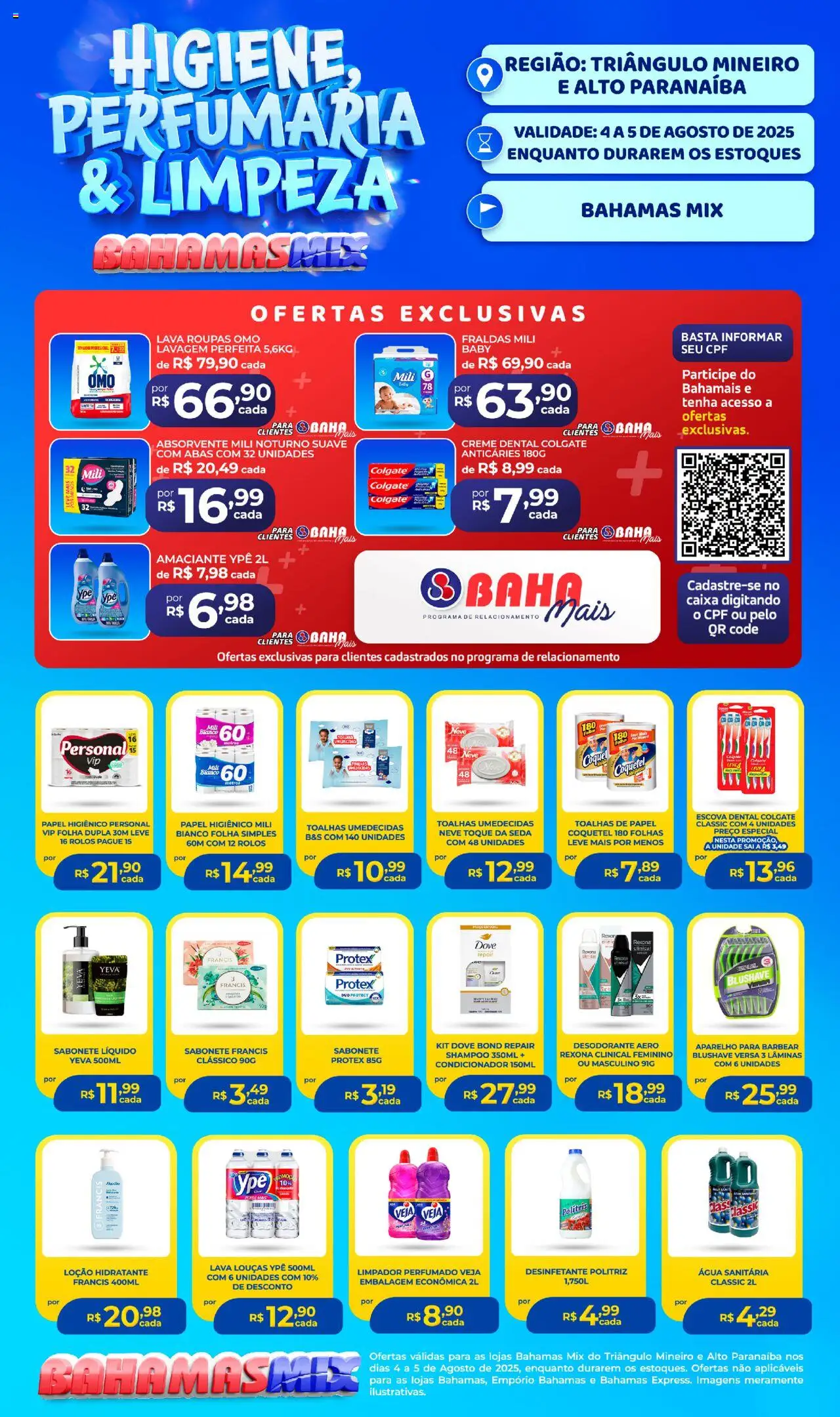 Bahamas Mix folheto "Ofertas Higiene e Limpeza" válido a partir de 04/08/2025 - número de página 1 - Fraldas, Roupas, Absorvente, Desinfetante, Sabonete líquido, Creme, Rexona, Condicionador