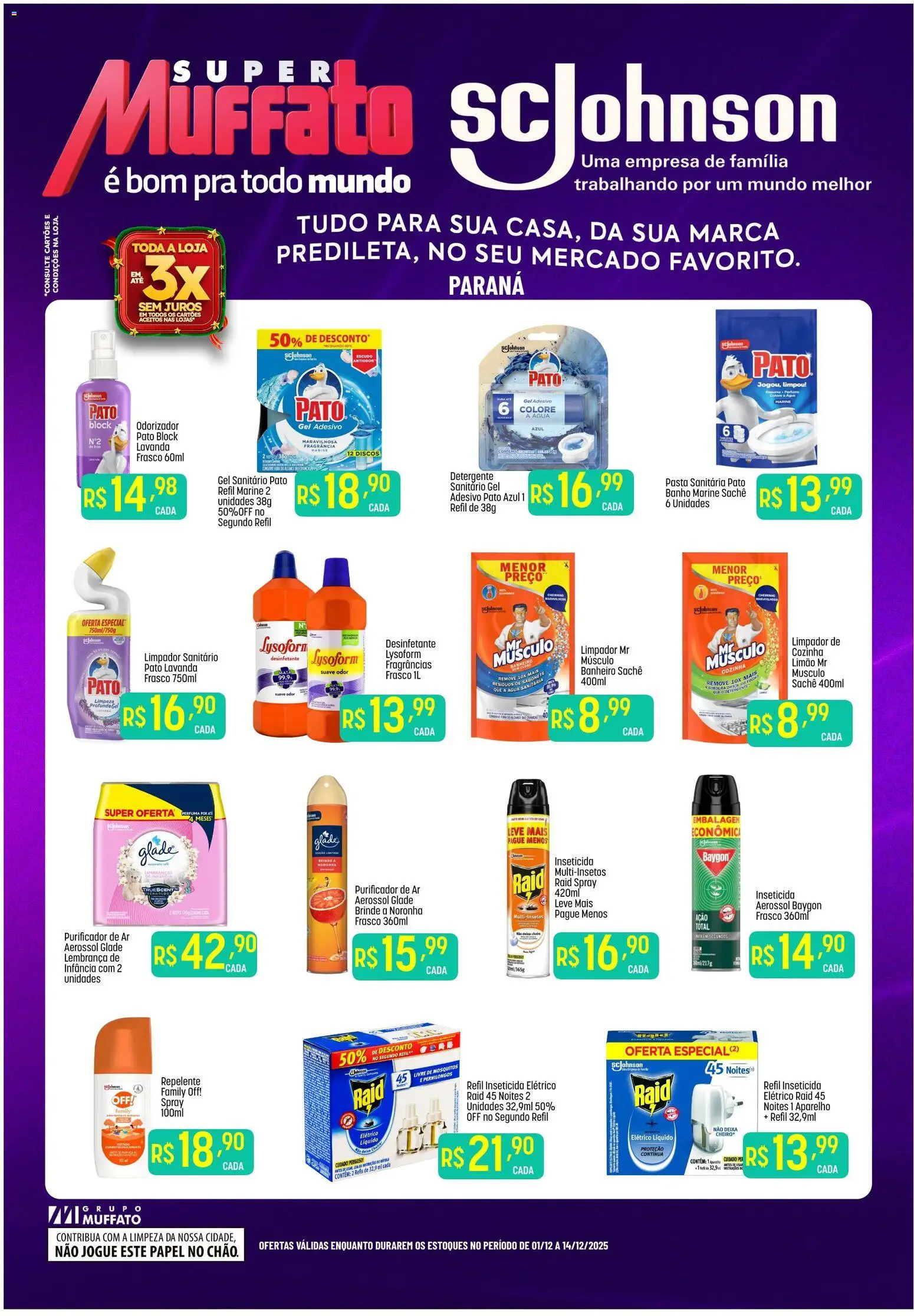 Pré-Visualização do folheto "Ofertas Limpeza" da loja Super Muffato válido a partir de 01/12/2025 - Pato, Sabonete, Detergente, Pasta, Água sanitária, Inseticida, Fragrância, Purificador