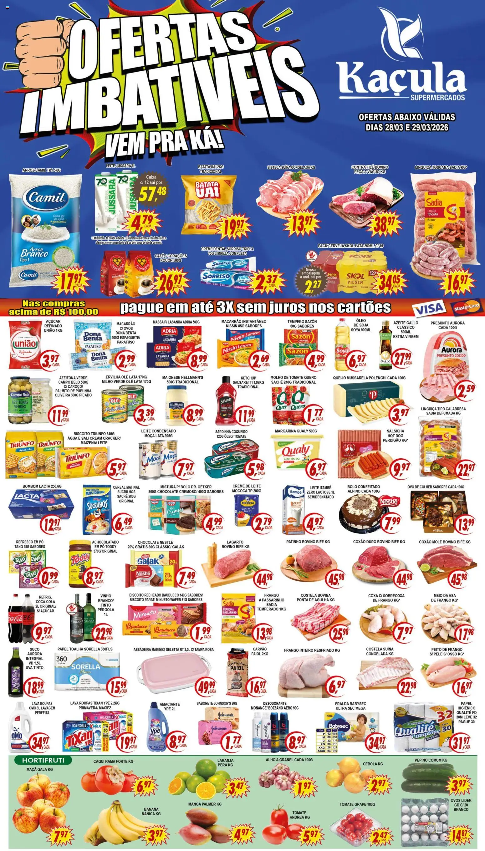 Pré-Visualização do folheto "Kaçula - Ofertas da semana" da loja Kaçula válido a partir de 28/03/2026 - Água, Salsicha, Carne, Suco, Cola, Espaguete, Creme dental, Biscoito recheado
