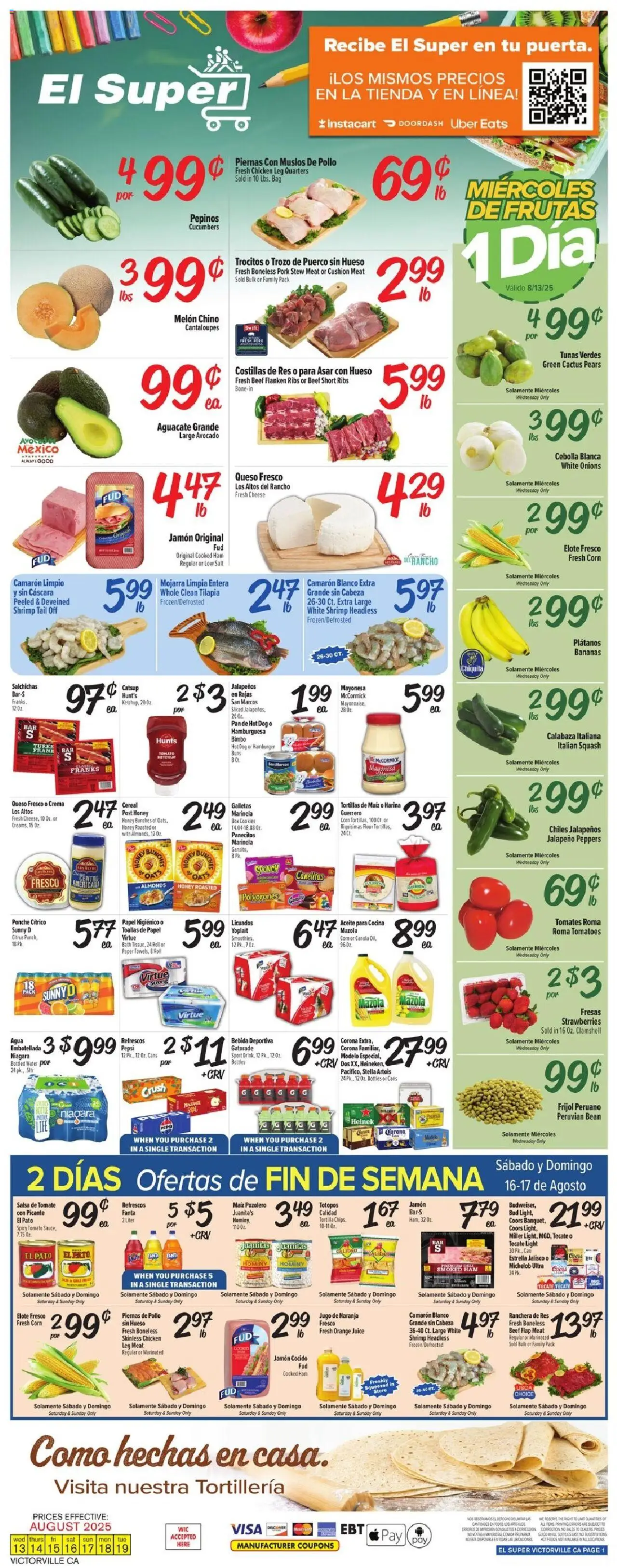 El Super Weekly Ad - CA from 08/13/2025 - Flyer - Page number 1 - Cookies, Hamburger, Bananas, Cheese, Corn, Cucumbers, Pork, Flour