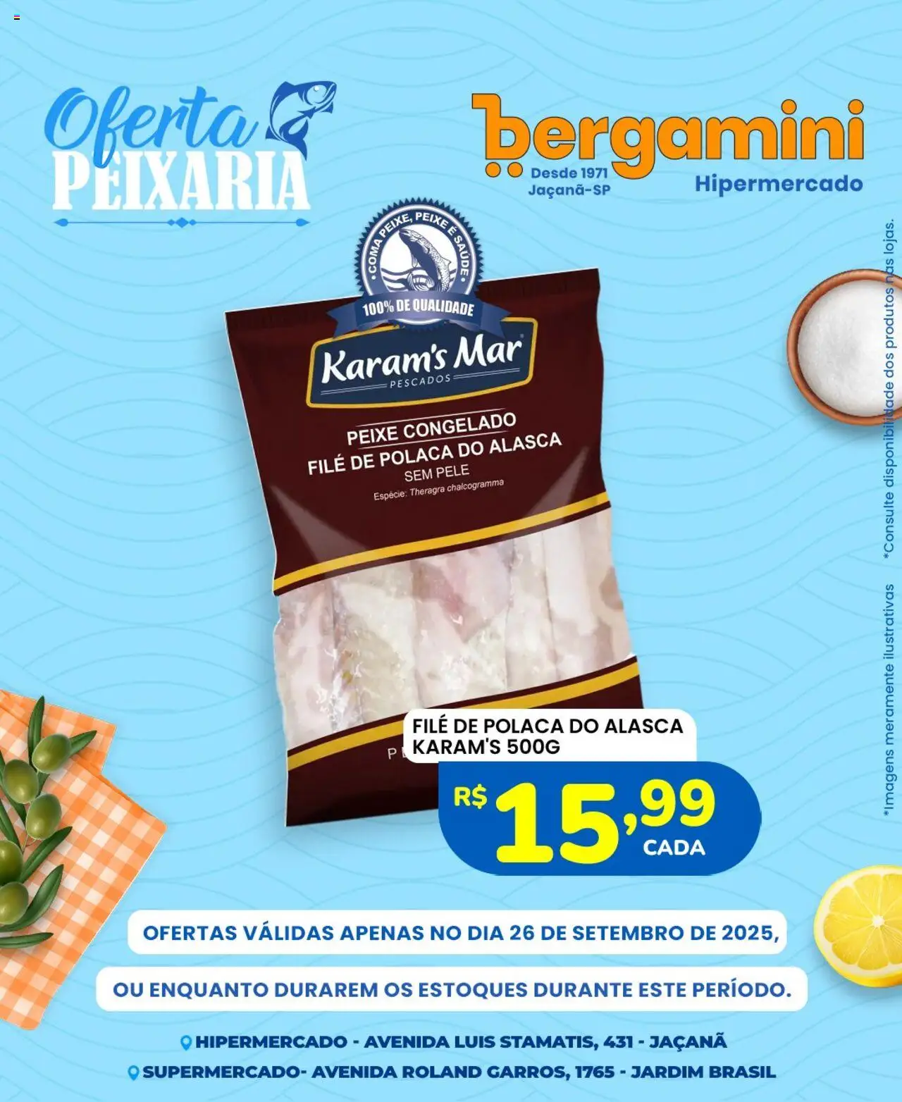 Supermercado Bergamini folheto "Ofertas Peixaria" válido a partir de 26/09/2025 - número de página 1 - Peixe, Sal, File de polaca