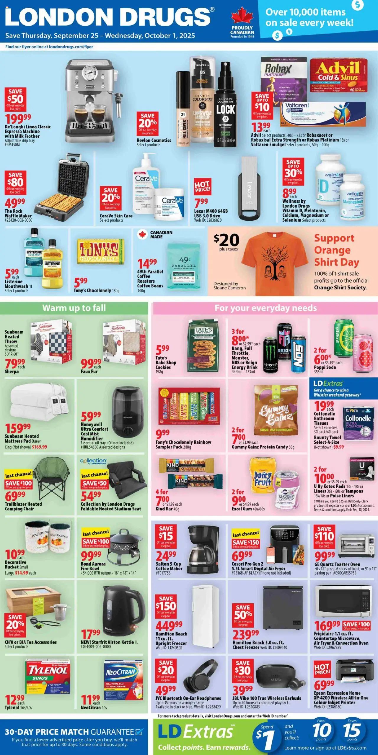 London Drugs flyer valid from Sep 25, 2025 - page number 1 - Fruit, Headphones, Printer, Oil, Kettle, Listerine, Tissues, Fryer