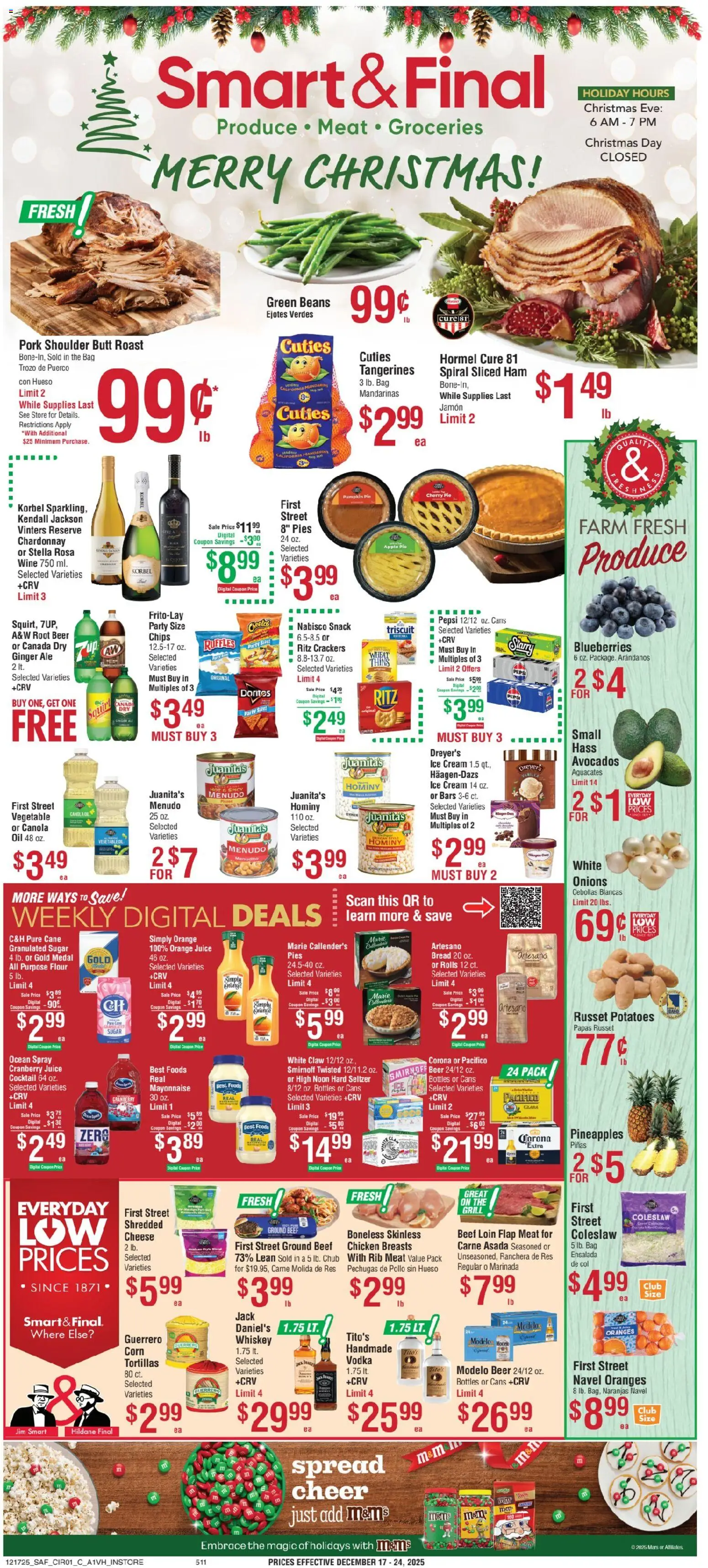 Ad Preview of Smart & Final Weekly Ad from 12/17/2025 - Wine, Cheese, Juice, Meat, Vodka, Sugar, Chicken breasts, Mayonnaise