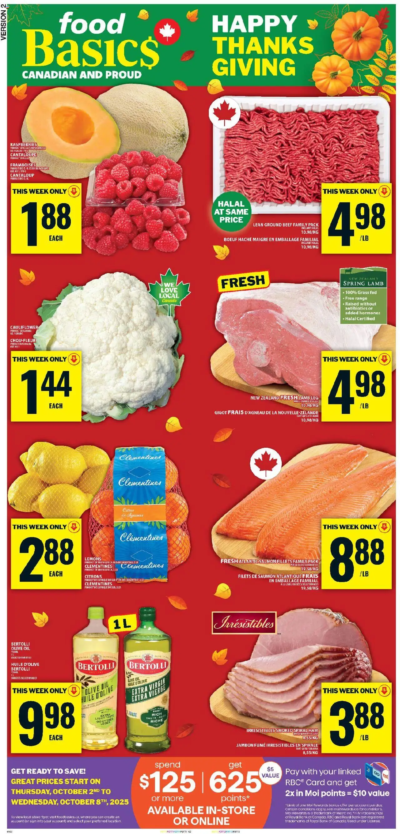 Food Basics flyer valid from Oct 02, 2025 - page number 1 - Food, Oil, Lamb, Beef, Olive oil, Lemons, Cauliflower, Ground beef