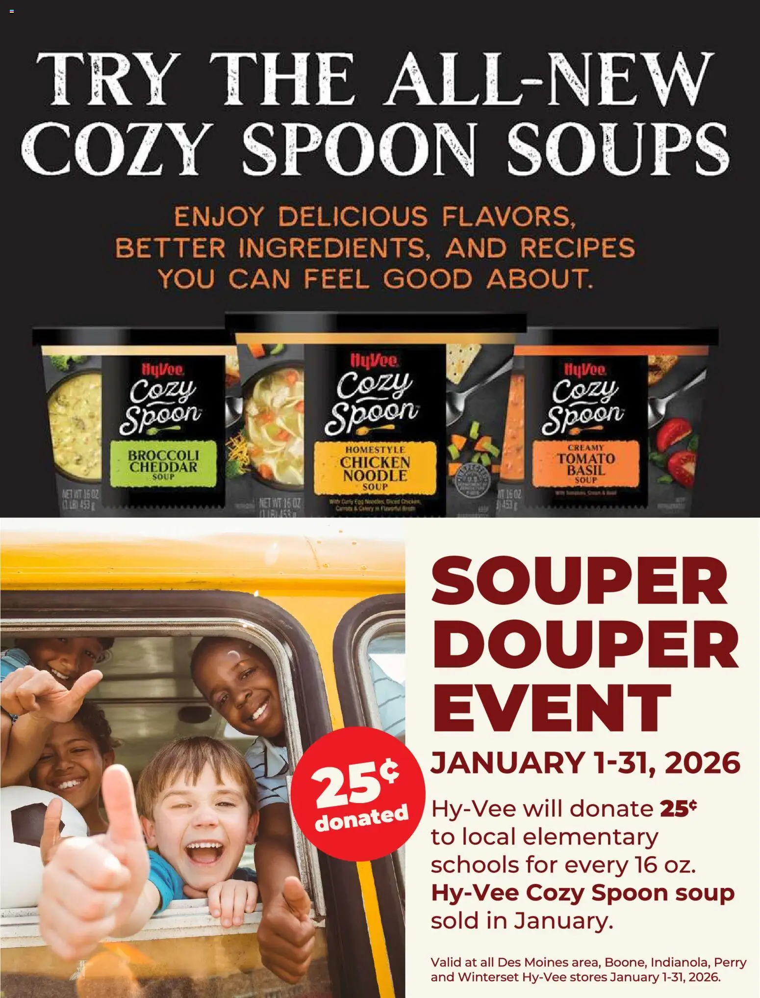 Ad Preview of HyVee Souper Douper Fundraising Event from 01/01/2026 - Soups, Broccoli, Tomato, Chicken