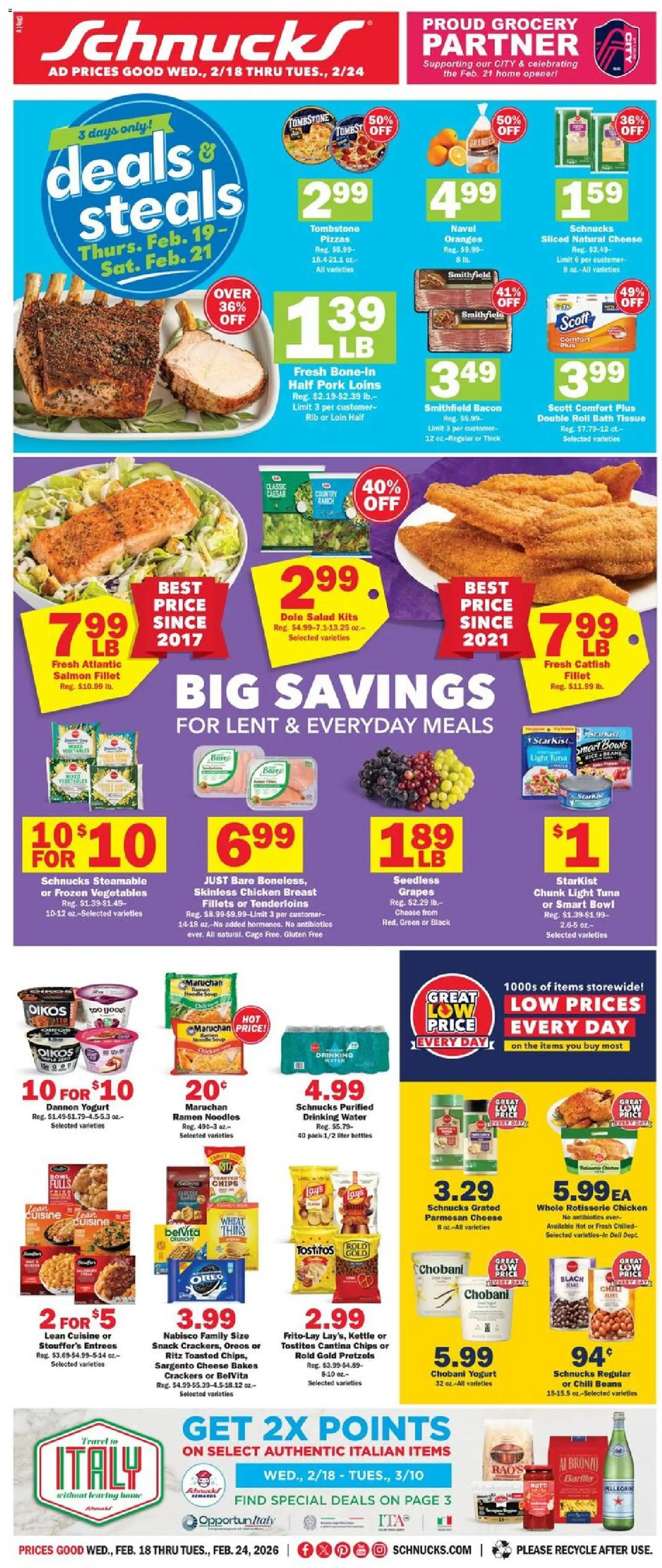 Ad Preview of Schnucks Weekly Print Ad - MO from 02/18/2026 - Oranges, Noodles, Vegetables, Cheese, Salmon, Bacon, Beans, Parmesan