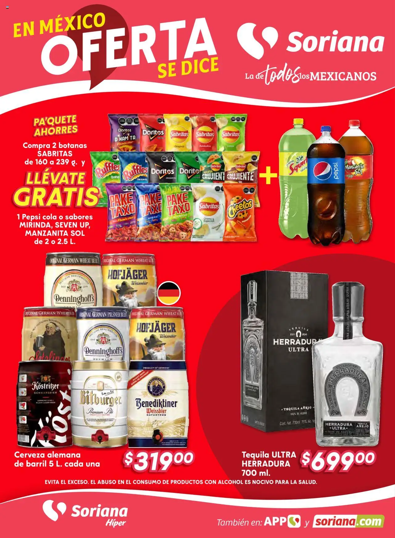 En México Oferta se dice Soriana Híper Nacional Soriana y sus promociones válidas desde el 01/08/2025 - Número de página 1 - Tequila, Cerveza, Alcohol, Queso