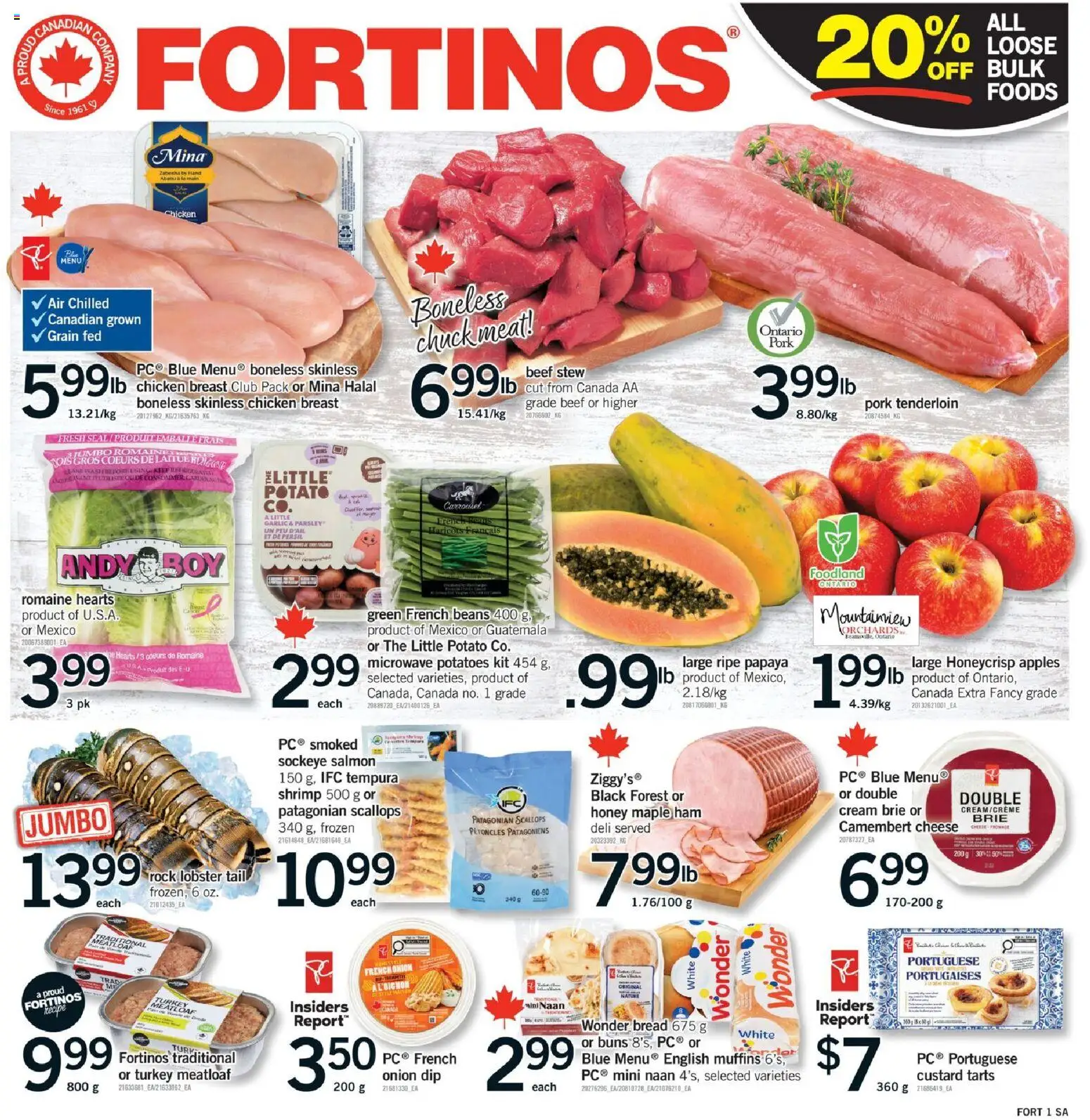 Preview of leaflet Brampton from shop Fortinos is valid from Nov 27, 2025 - Chicken, Cheese, Bread, Salmon, Onion, Pork tenderloin, Ham, Garlic