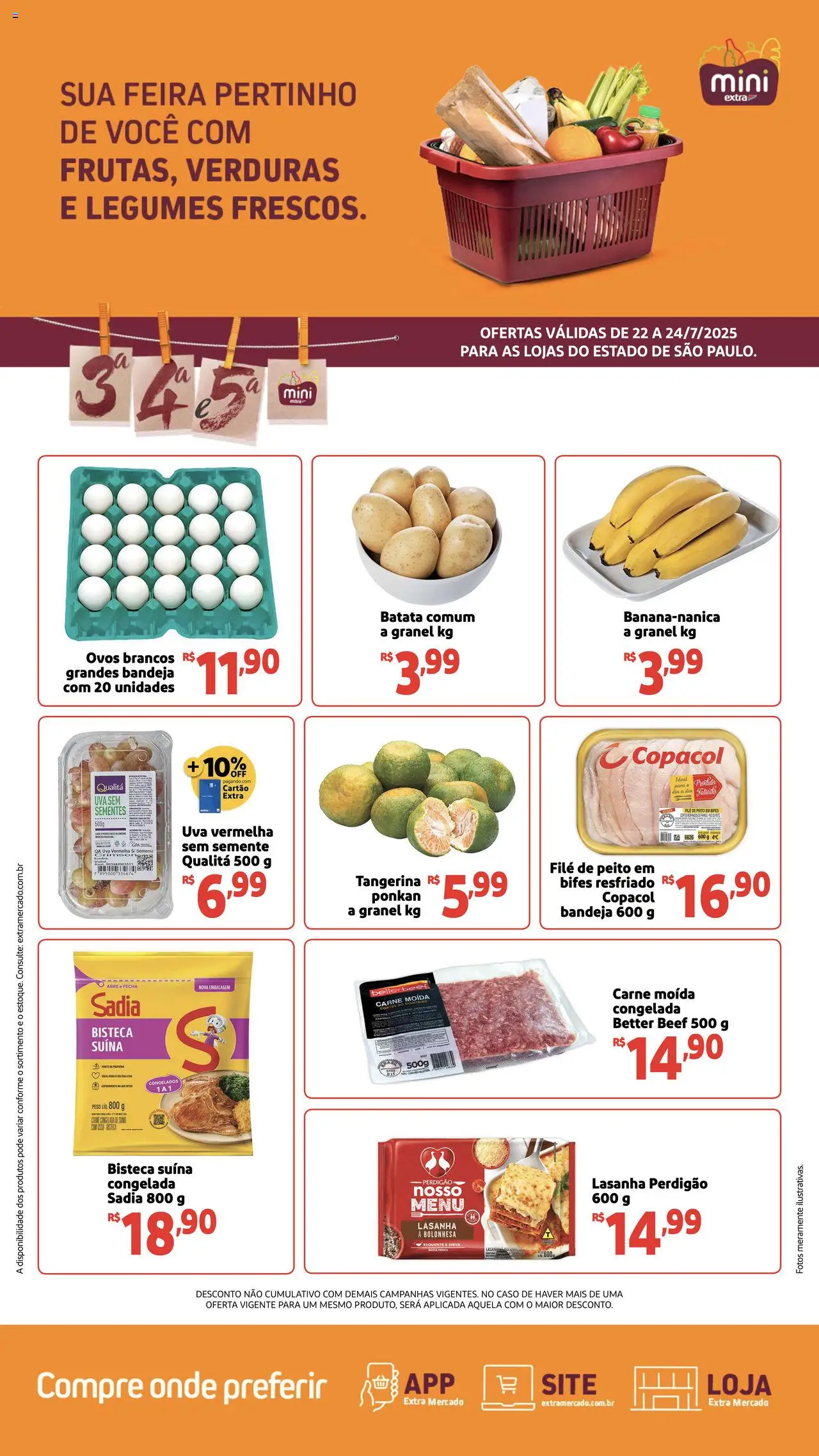 Mini Extra folheto "Ofertas Terça e Quinta" válido a partir de 22/07/2025 - número de página 1 - Lasanha, Uva, Ovos, Carne, Batata, Legumes, Carne moída, Bandeja