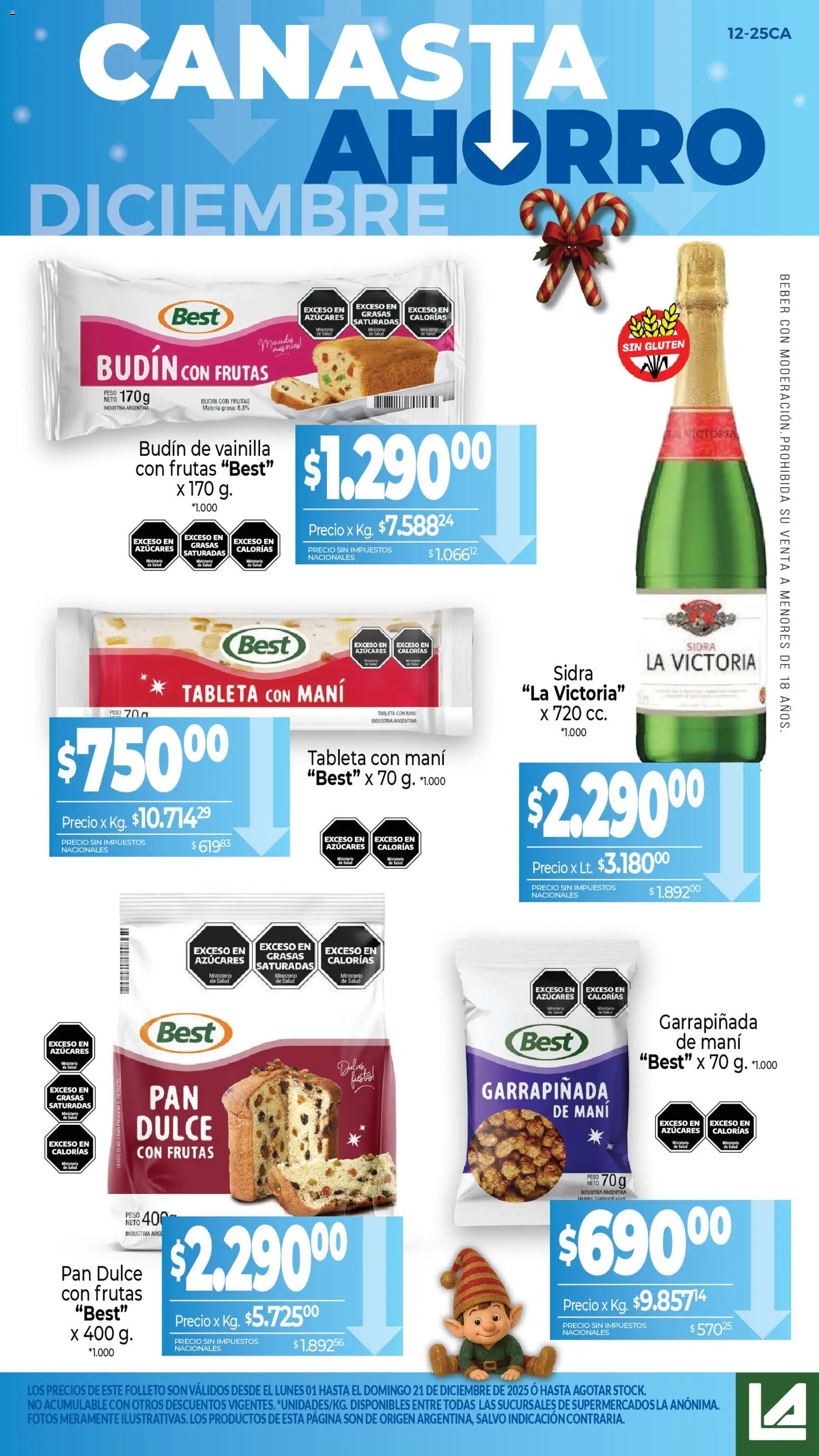 Vista previa del folleto de la tienda La Anonima válido desde el 01/12/2025 - Peso, Pan, Pan dulce, Vainilla, Mani, Sidra, Canasta, Tableta