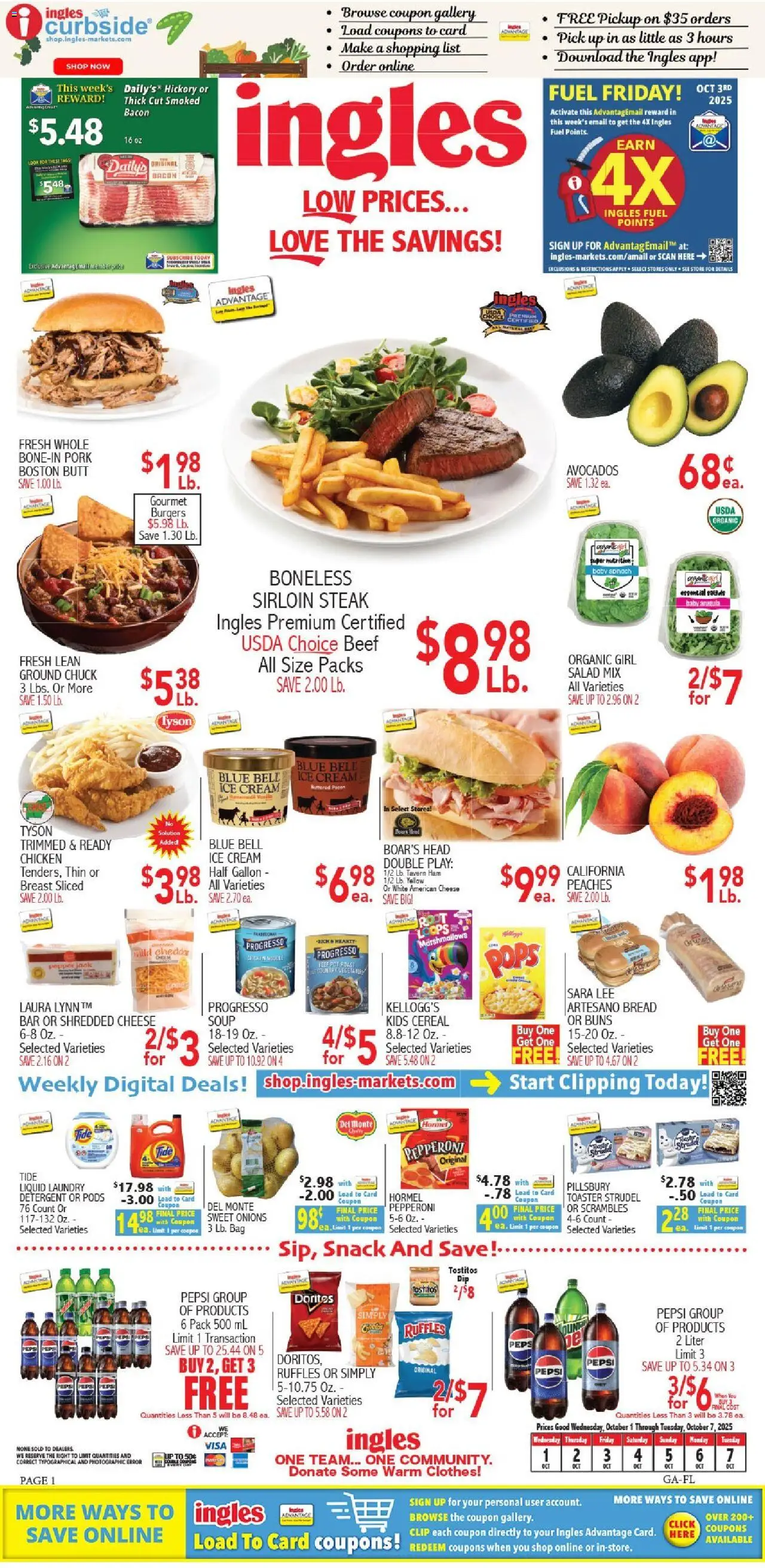 Ingles Weekly Ad from 10/01/2025 >> Sales Ad PREVIEW - Page number 1 - Steak, Salad, Cheese, Peaches, Ham, Cream, Salad mix, Chicken