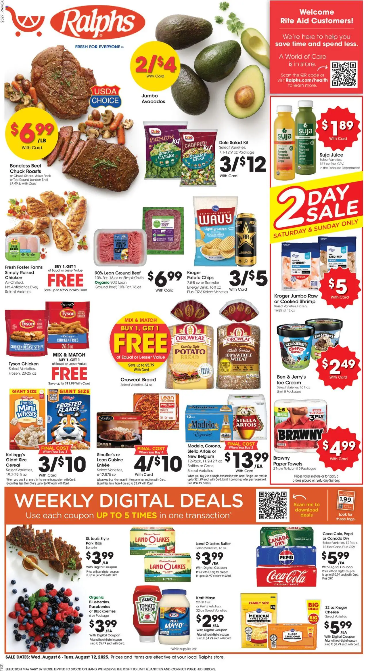 Ralphs Weekly Ad - CA from 08/06/2025 - Flyer - Page number 1 - Ice cream, Cheese, Juice, Cereal, Meat, Beef, Cream, Chicken