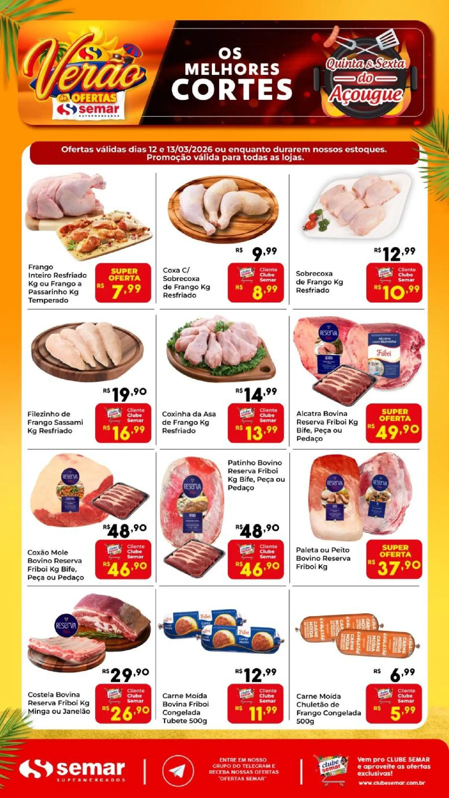 Pré-Visualização do folheto "Semar Supermercado ofertas do Açougue" da loja Semar Supermercado válido a partir de 12/03/2026 - Carne, Frango, Carne moída, Alcatra, Costela bovina, Frango inteiro, Chuletão, Coxão mole