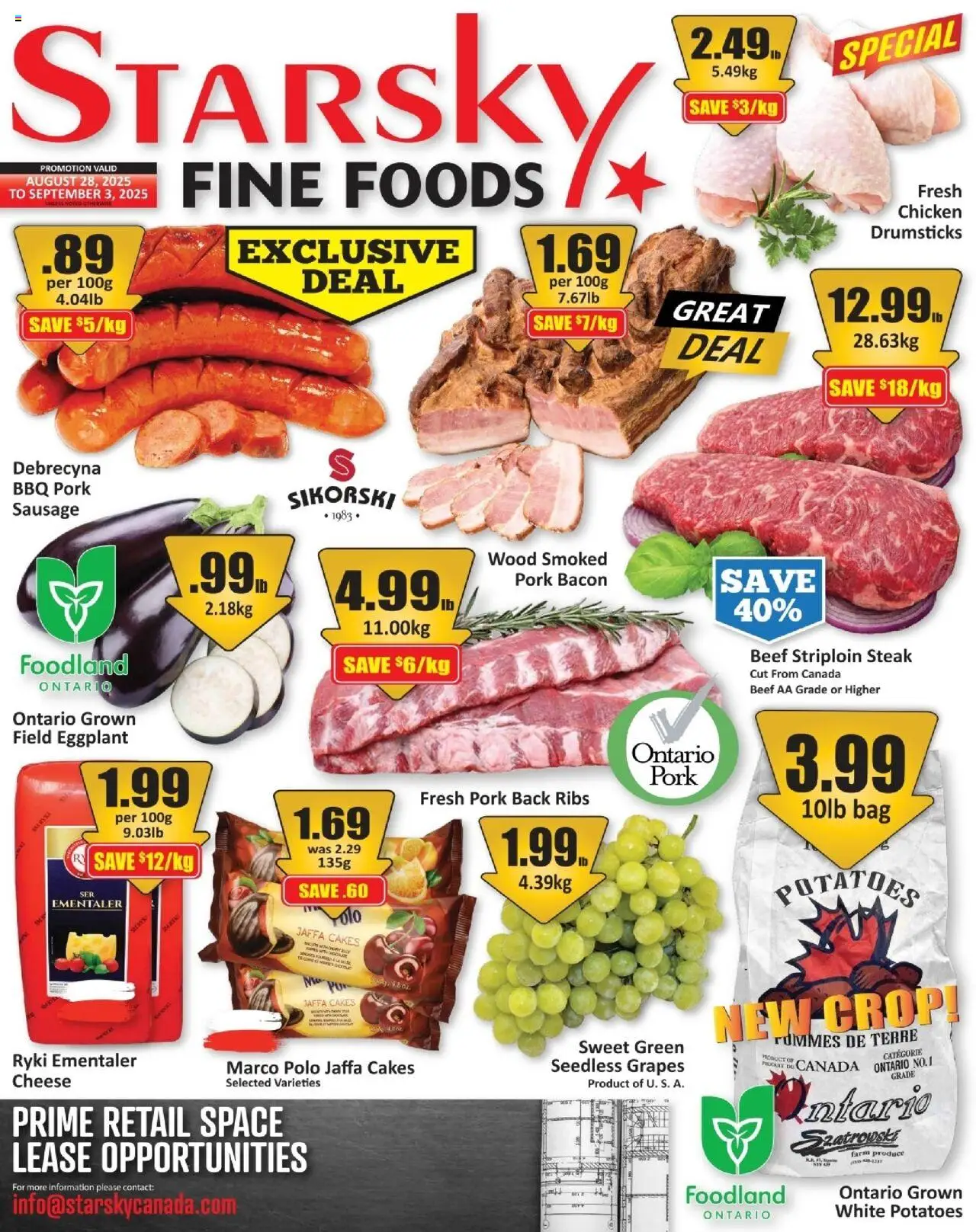 Starsky flyer valid from Aug 28, 2025 - page number 1 - Chicken, Steak, Cheese, Potatoes, Beef, Sausage, Pork, Seedless grapes