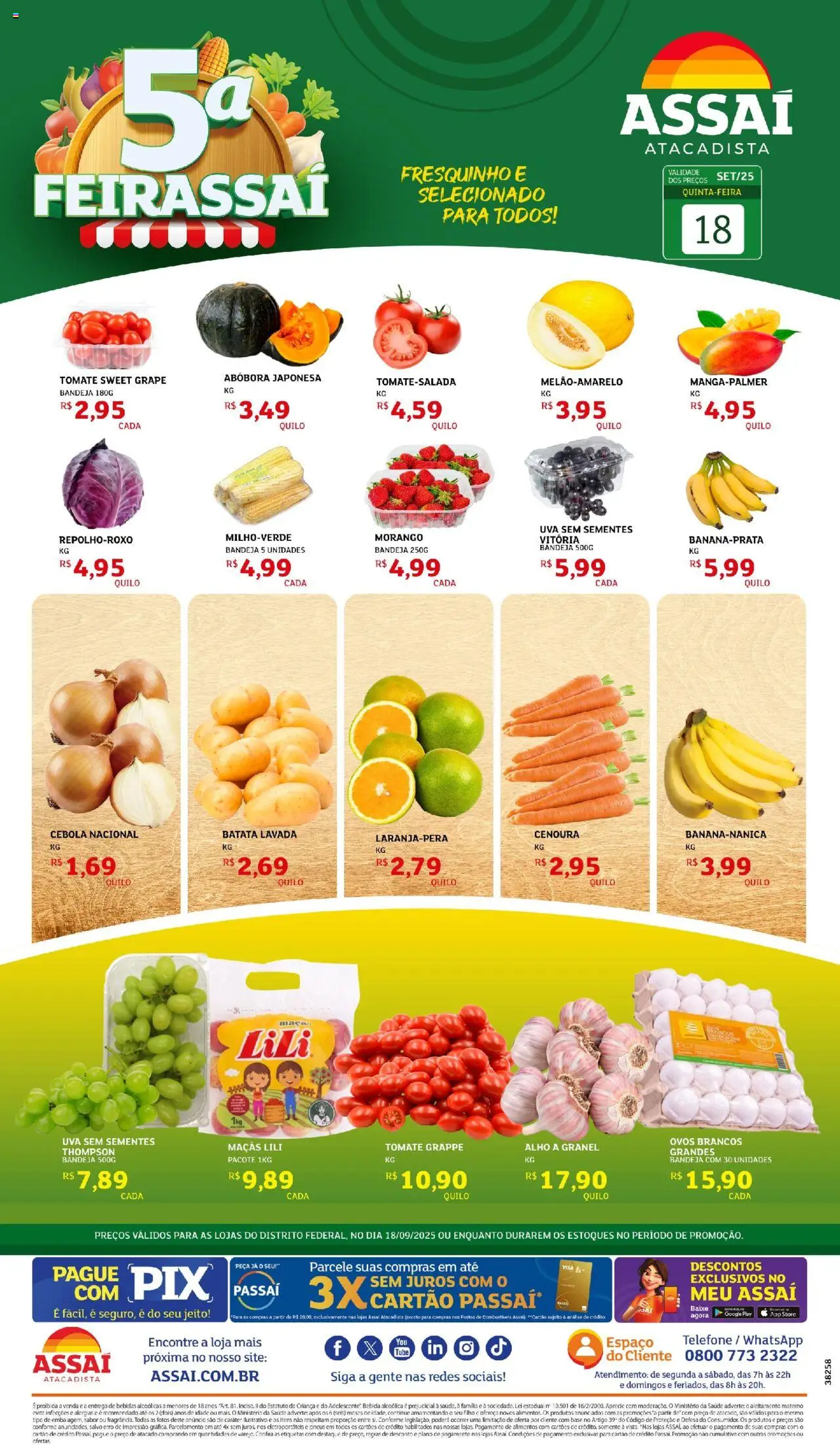 Assaí Atacadista folheto "Encarte - DF" válido a partir de 18/09/2025 - número de página 1 - Bebidas, Ovos, Base, Abóbora, Tomate, Alimentos, Bandeja, Alho
