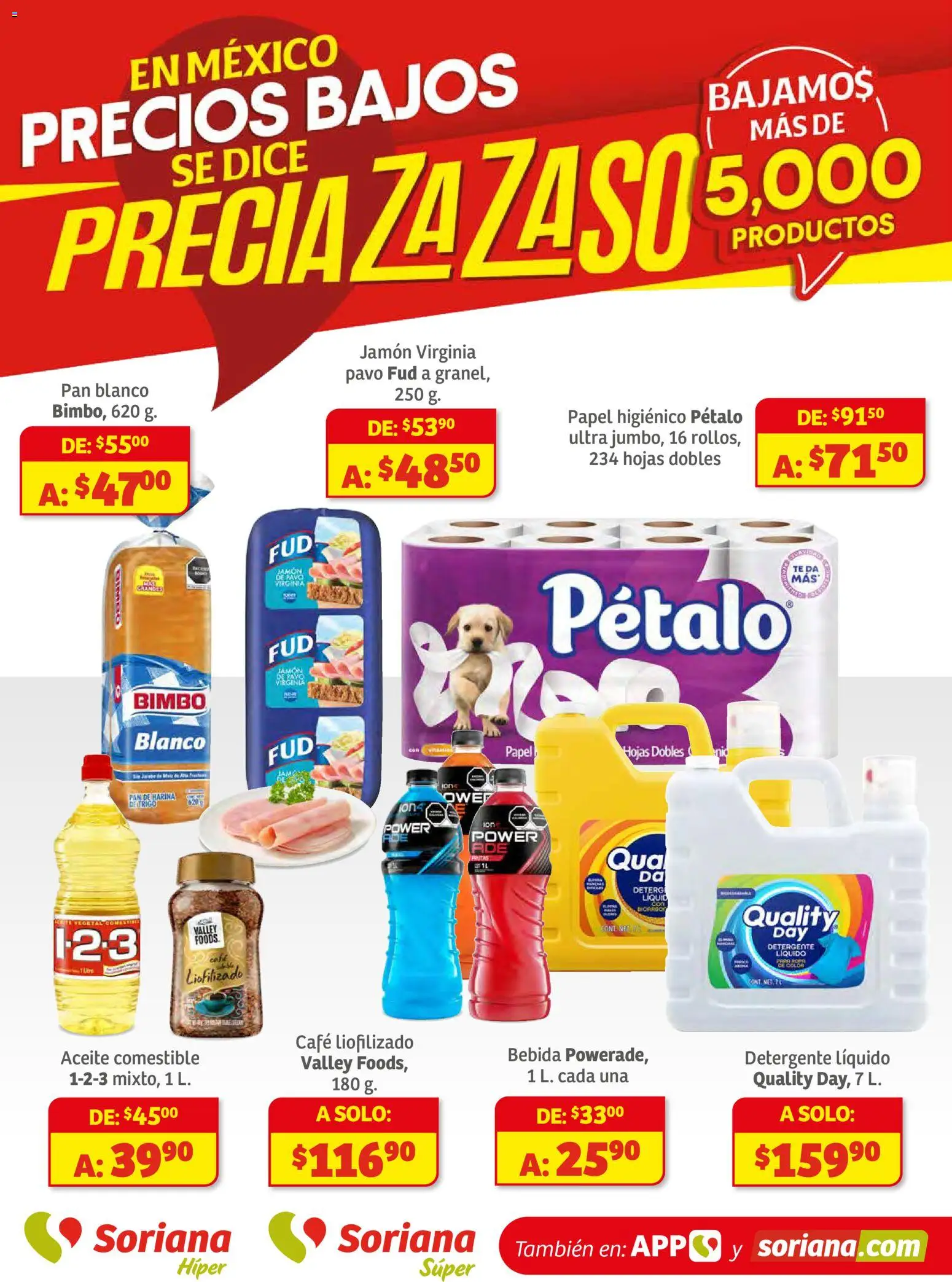 Vista previa las ofertas de la tienda Soriana - Preciazazaso Súper: Ags, Col, Gto, Jal, Mich desde el 18/11/2025 - Café, Té, Pan, Pavo, Papel higiénico, Detergente, Jamón, Detergente líquido