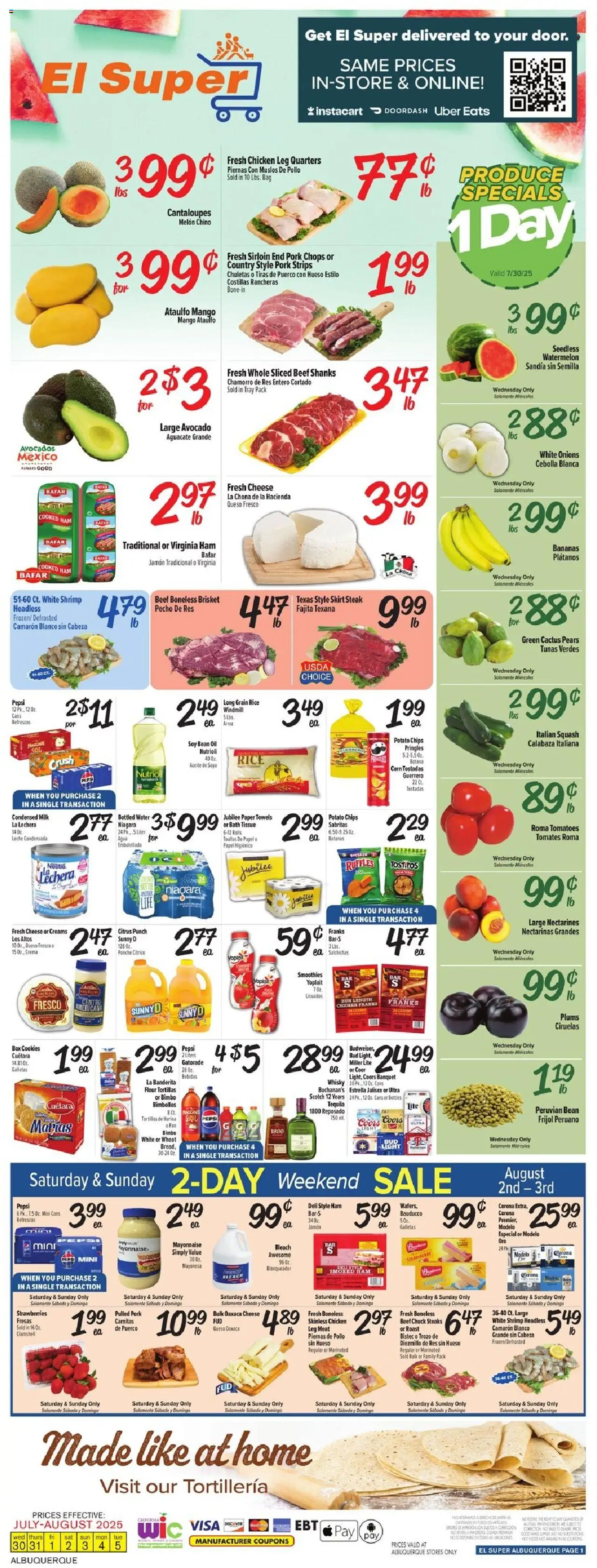 El Super Weekly Ad - NM from 07/30/2025 - Flyer - Page number 1 - Steak, Bread, Watermelon, Shrimp, Rice, Ham, Flour, Beef chuck