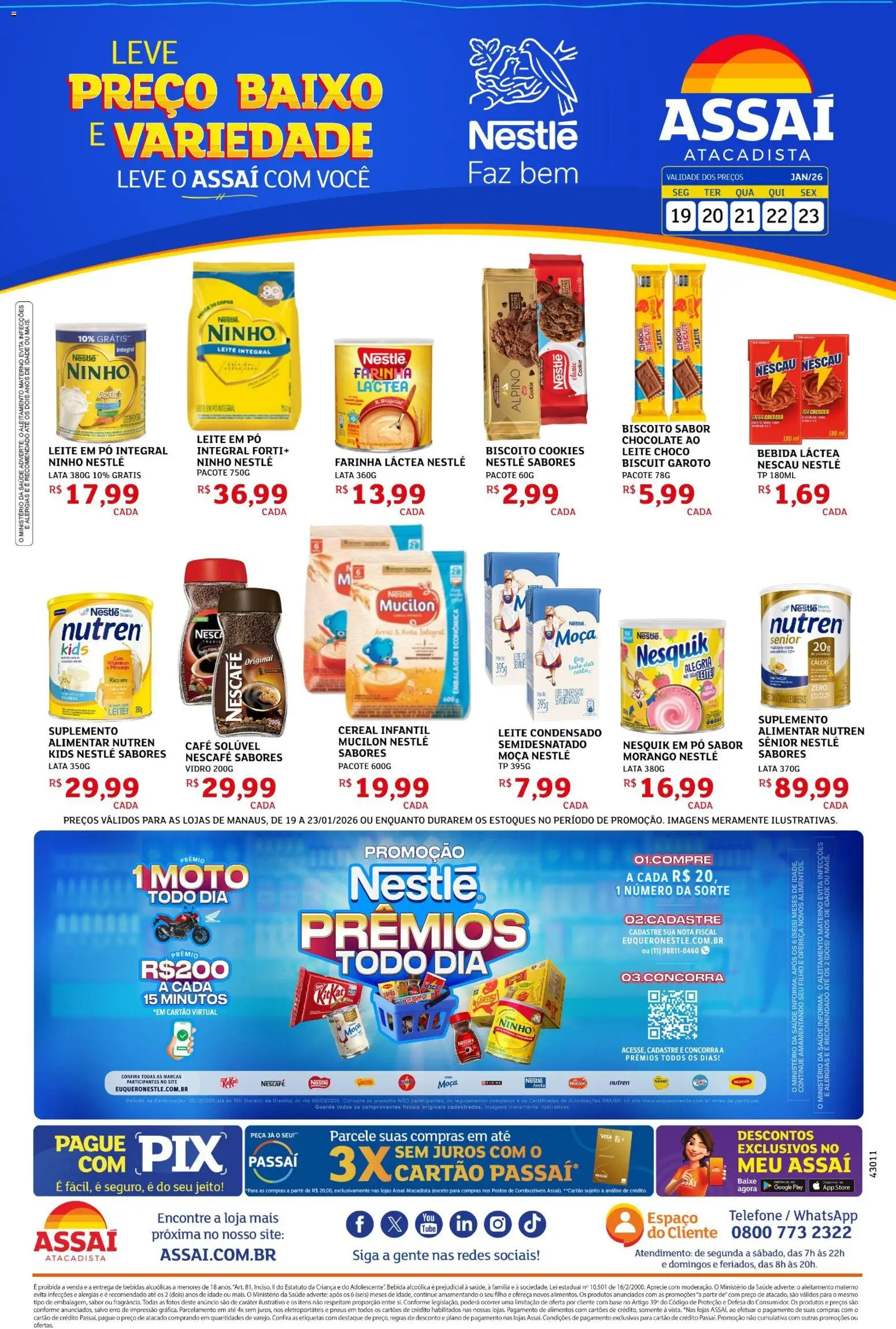 Pré-Visualização do folheto "Encarte" da loja Assaí Atacadista válido a partir de 19/01/2026 - Telefone, Leite condensado, Pneus, Farinha láctea, Pó, Farinha, Leite integral, Café solúvel