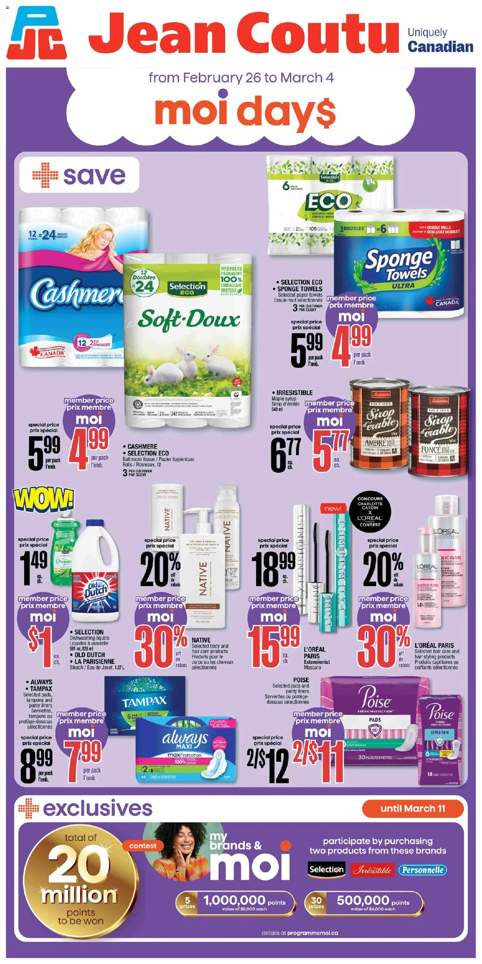 Preview of leaflet Weekly Flyer from shop Jean Coutu is valid from Feb 26, 2026 - Tampons, Coconut, Hair styling, Vanilla, Mascara, Towels, Sponge, Syrup