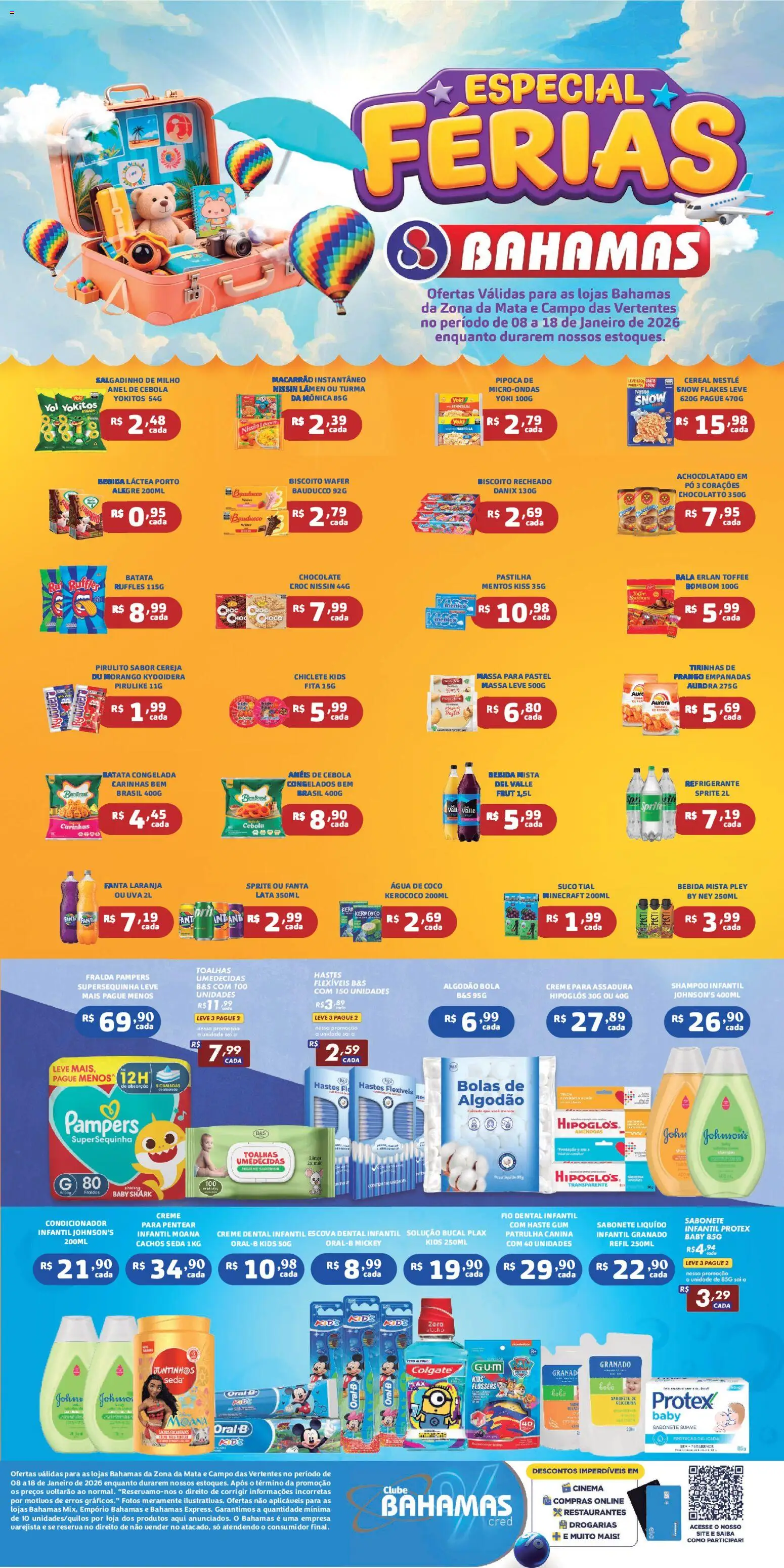 Pré-Visualização do folheto "Ofertas Especial de Férias" da loja Bahamas Supermercados válido a partir de 08/01/2026 - Pá, Fraldas, Água de coco, Hipoglós, Milho, Cereja, Fio dental, Amêndoas