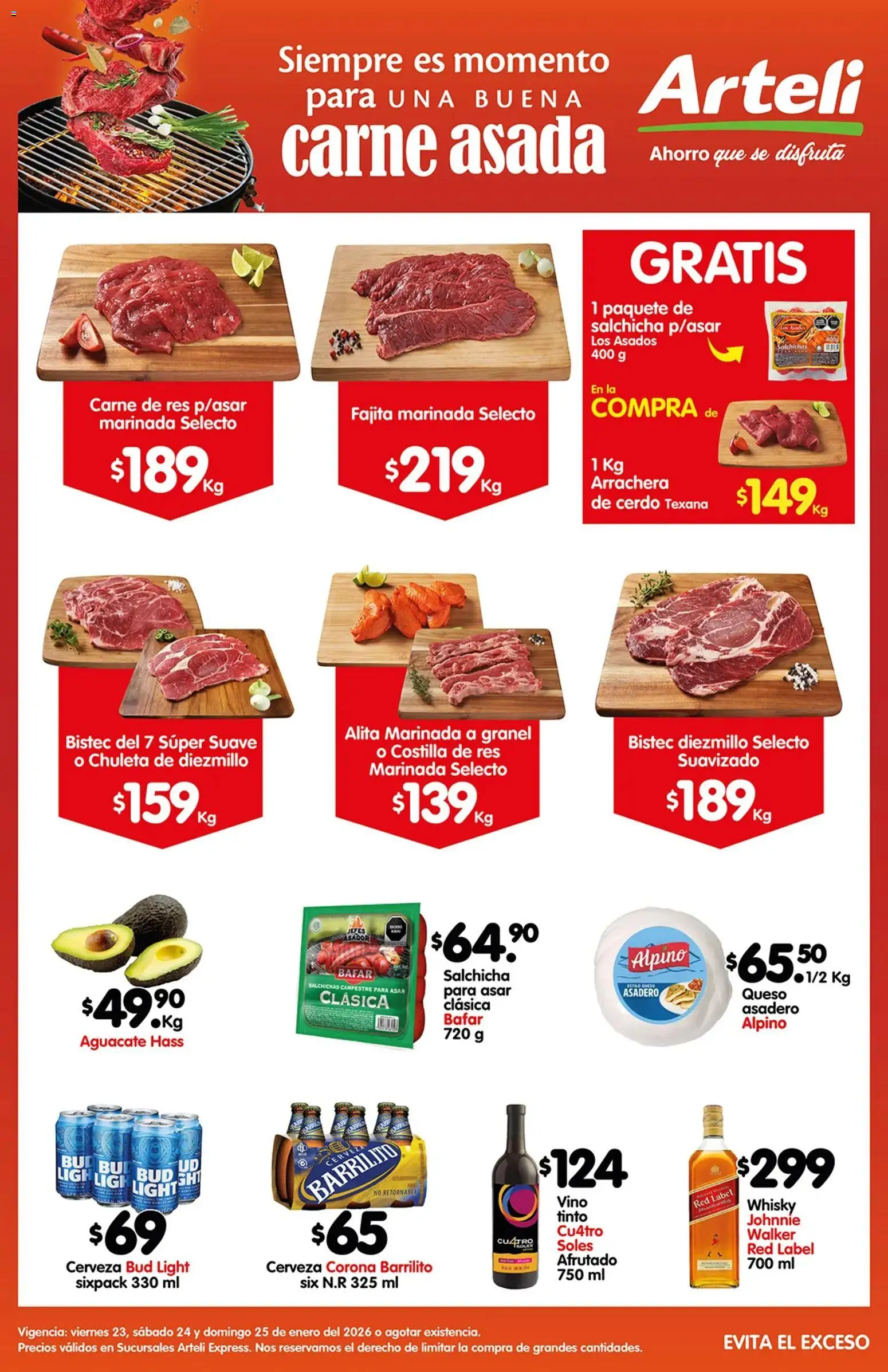 Vista previa las ofertas de la tienda Arteli - Folleto Carnita Asada Express desde el 23/01/2026 - Whisky, Cerveza, Queso, Asador, Cerdo, Cerveza Corona, Salchicha, Carne de res