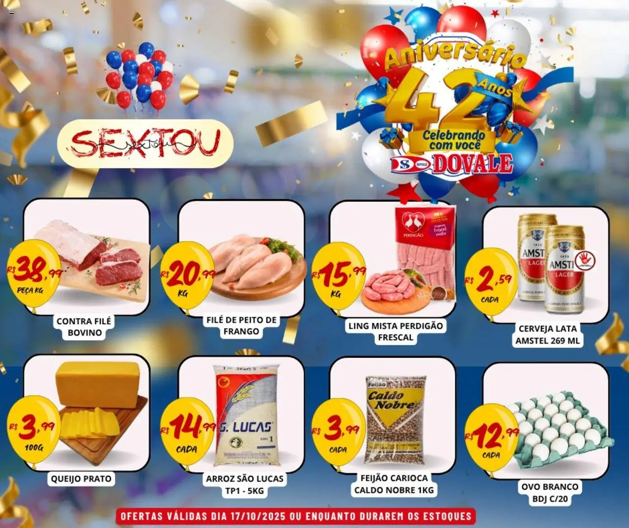 Dovale folheto "Ofertas do Dia" válido a partir de 17/10/2025 - número de página 1 - Cerveja, Arroz, Feijão, Queijo, Frango, Contra filé