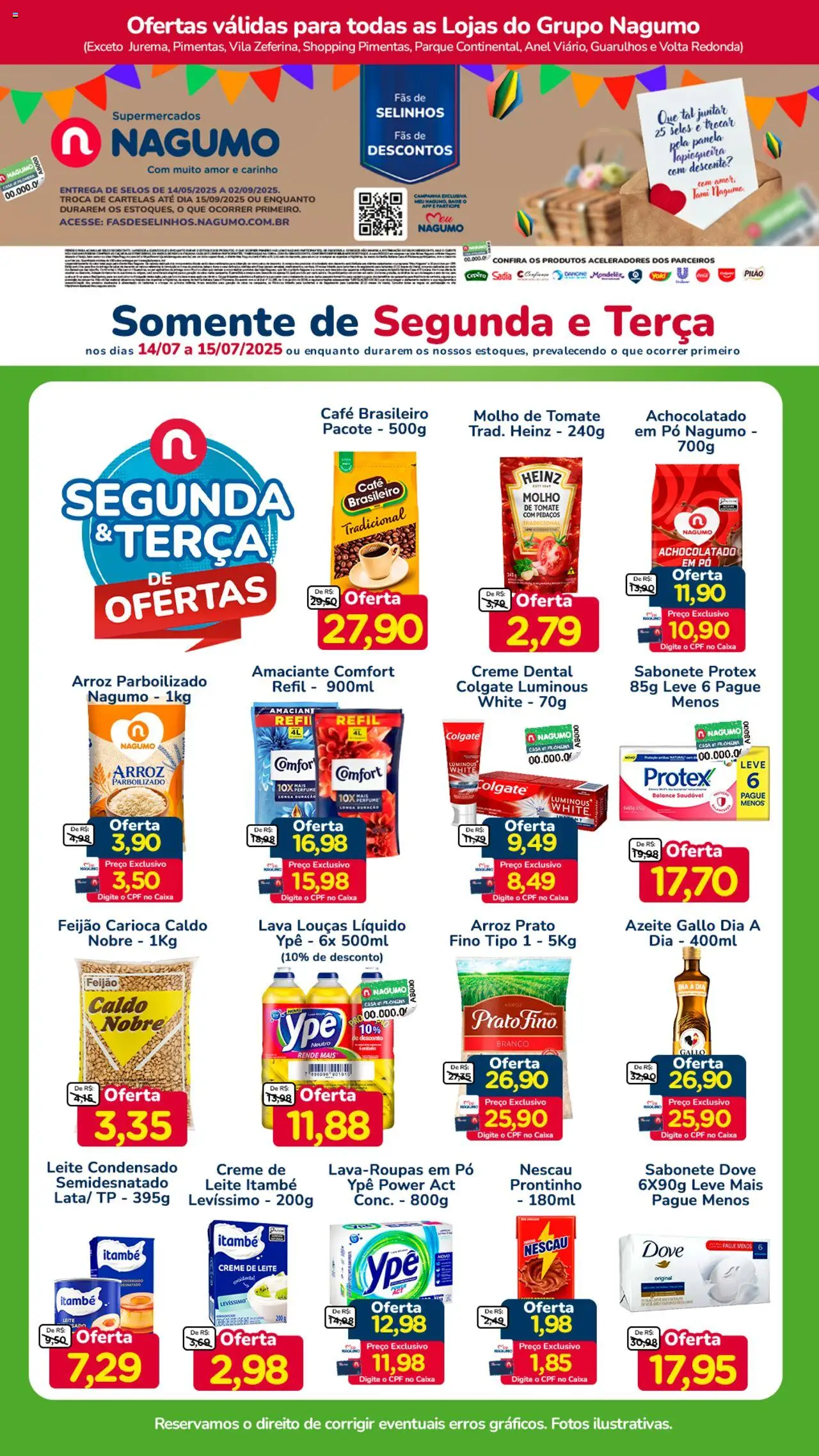 Nagumo folheto "Ofertas Segunda e Terça" válido a partir de 14/07/2025 - número de página 1 - Feijão, Pó, Achocolatado, Café, Arroz, Creme, Creme de leite, Creme dental