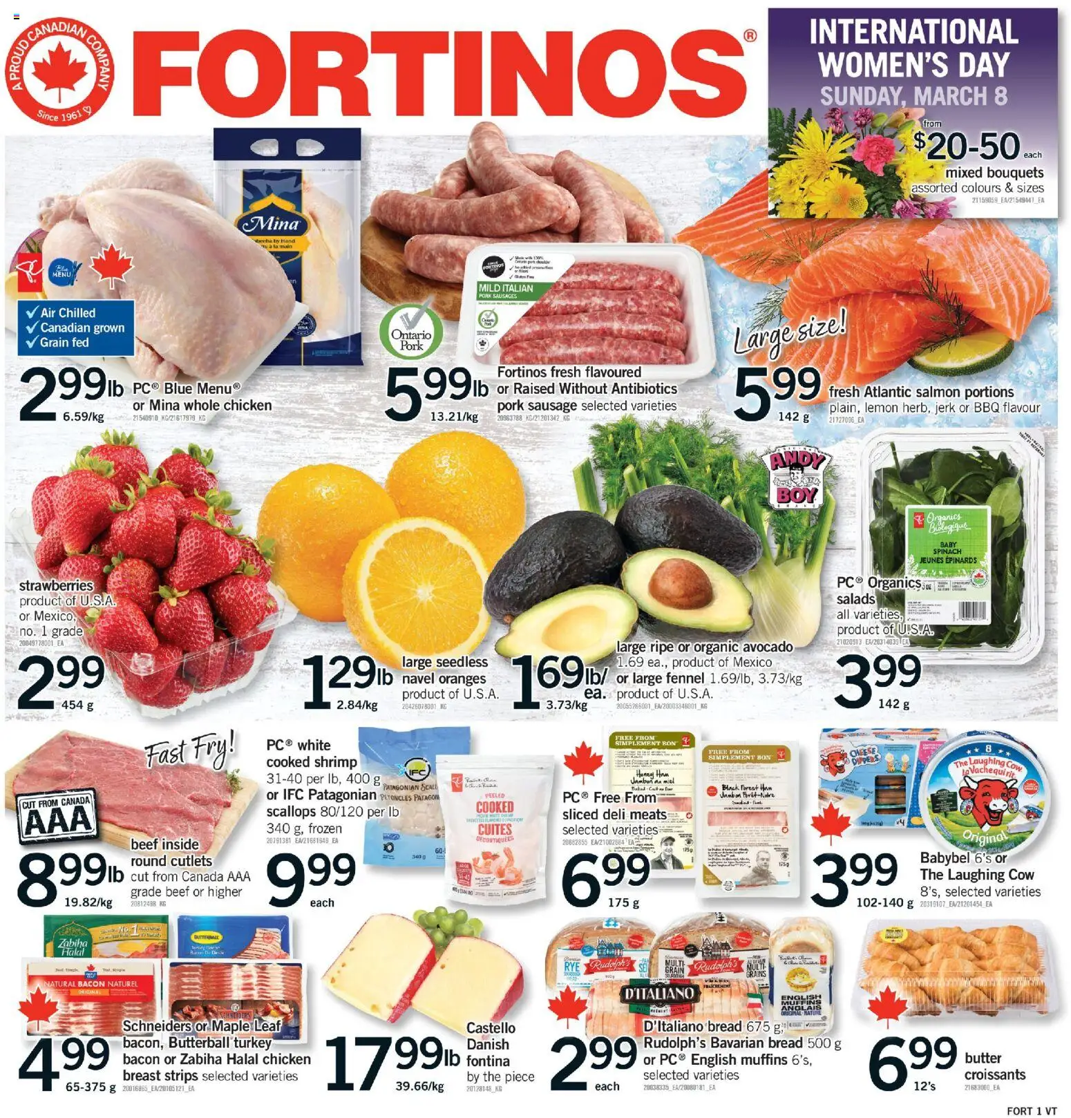 Preview of leaflet Fortinos weekly flyer - Vaughan from shop Fortinos is valid from Mar 05, 2026 - Honey, Oranges, Strawberries, Muffins, Beef, Bacon, Sausage, Strips