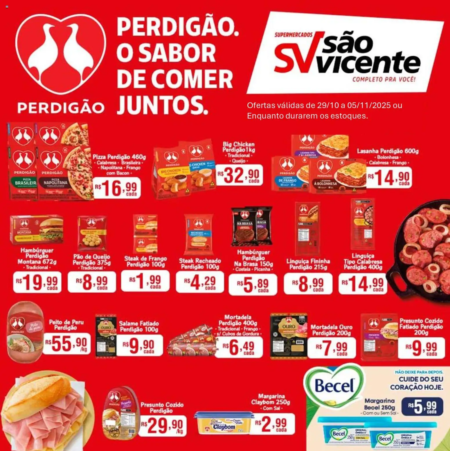 Pré-Visualização do folheto "Ofertas Perdigão" da loja Supermercados São Vicente válido a partir de 29/10/2025 - Pizza, Lasanha, Sal, Pão, Linguiça, Presunto, Margarina, Steak
