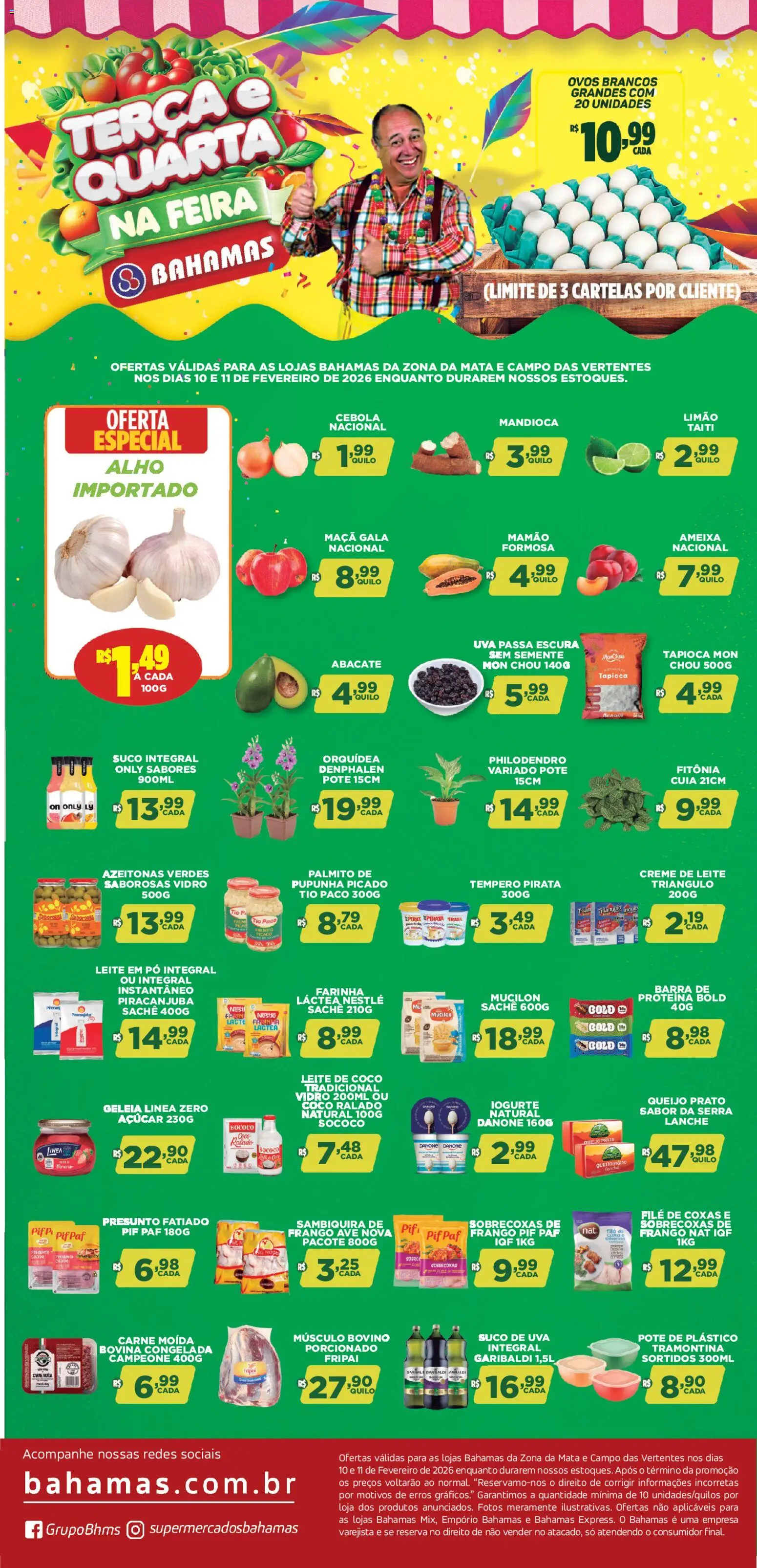 Pré-Visualização do folheto "Ofertas Terça e Quarta na Feira" da loja Bahamas Supermercados válido a partir de 10/02/2026 - Ovos, Carne, Ameixa, Abacate, Suco, Proteína, Pupunha, Músculo bovino