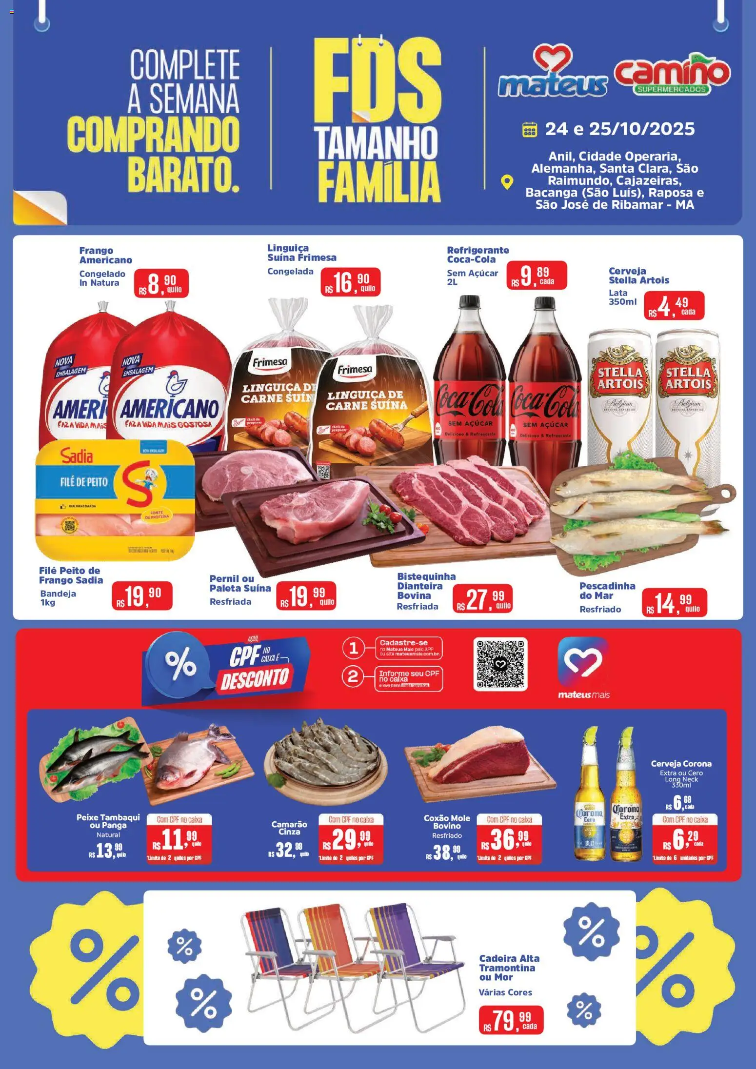 Mateus folheto "Ofertas FDS" válido a partir de 24/10/2025 - número de página 1 - Cadeira, Carne, Frango, Açúcar, Refrigerante, Cerveja Corona, Paleta suína, Cerveja Corona Extra