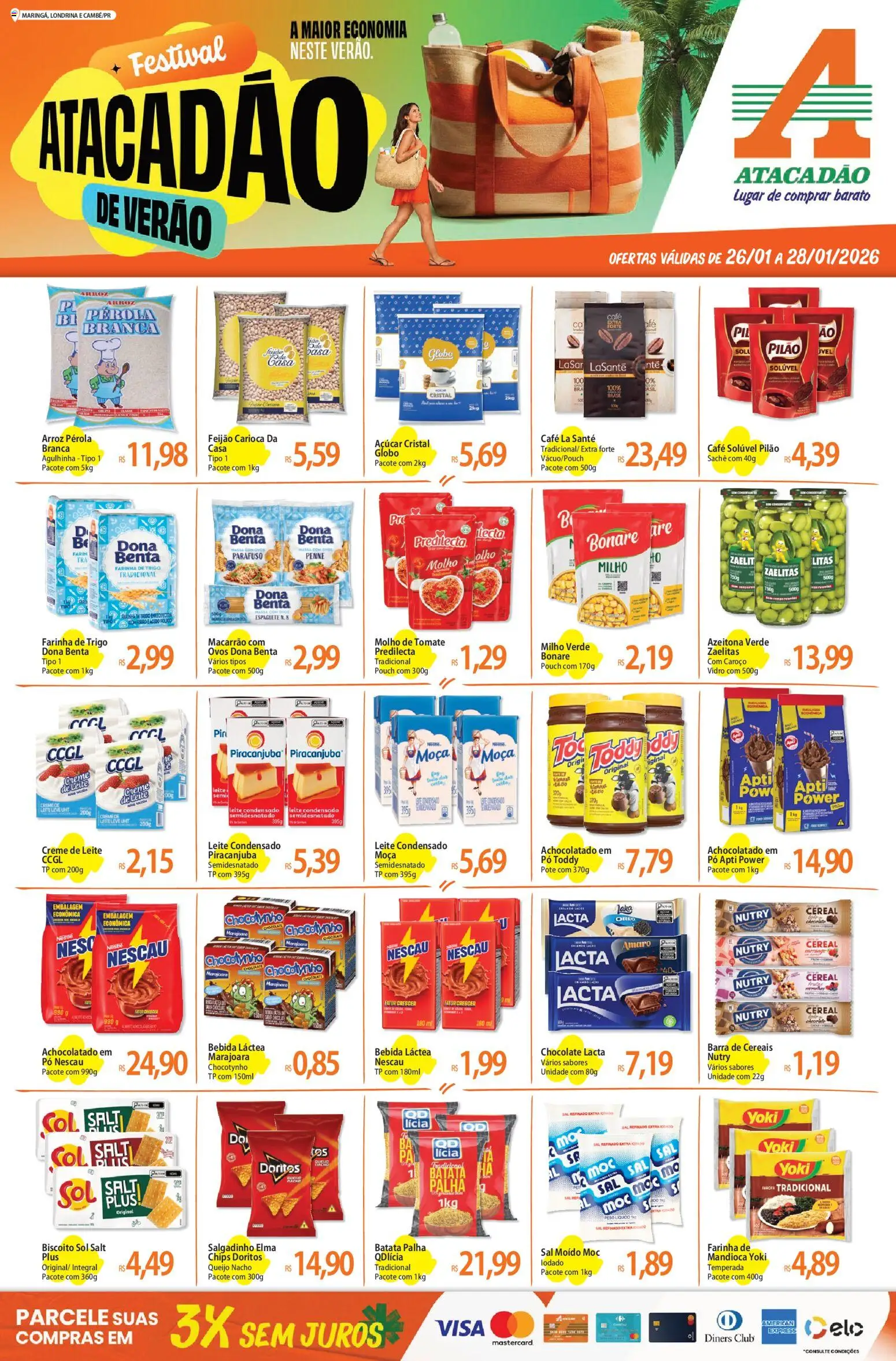 Pré-Visualização do folheto "Ofertas - PR" da loja Atacadão válido a partir de 26/01/2026 - Ovos, Feijão, Creme de leite, Mandioca, Creme, Farinha de trigo, Café solúvel, Barra de cereais