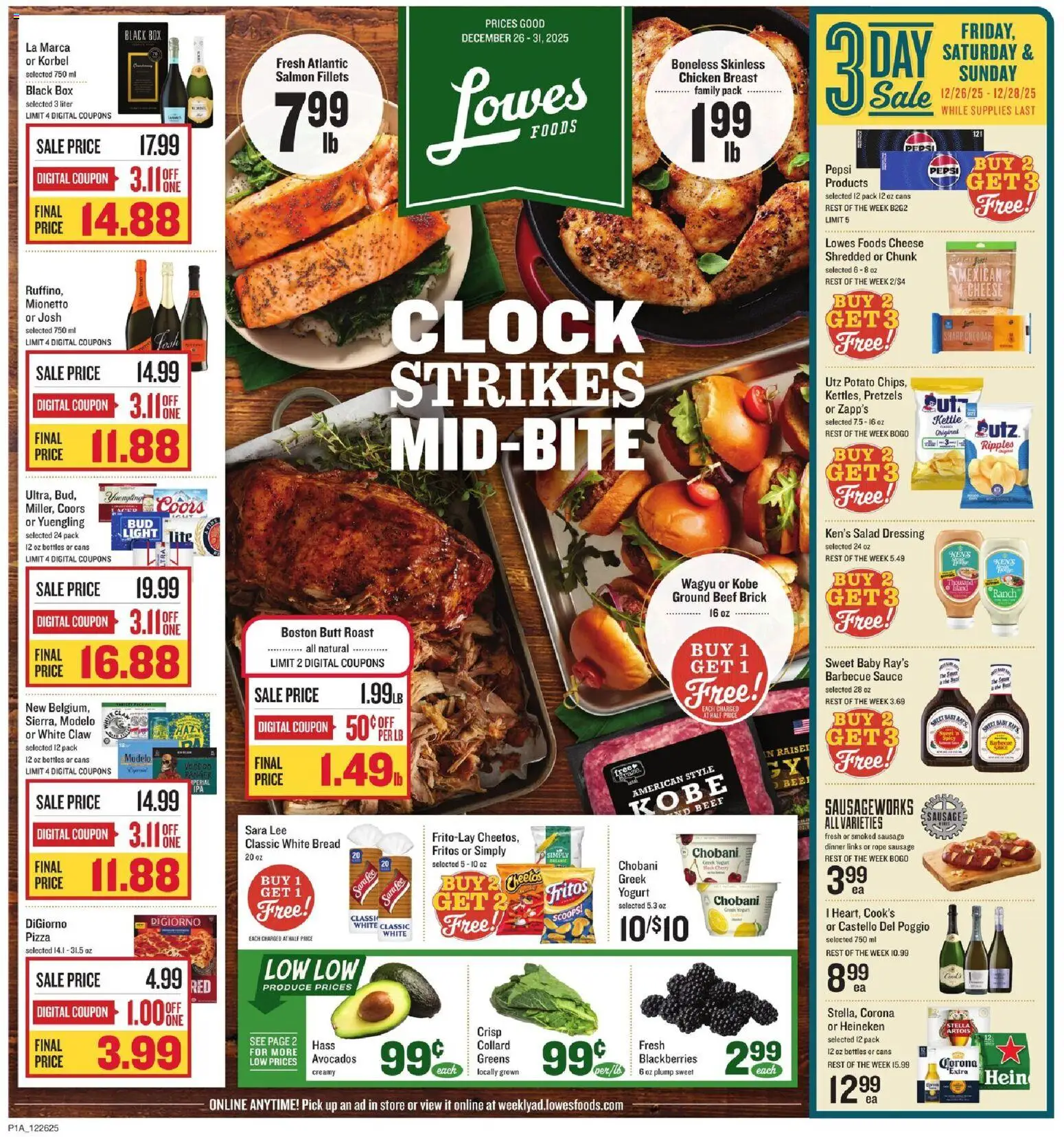 Ad Preview of Lowes Foods Weekly Ad from 12/26/2025 - Box, Greens, Cheese, Salmon, Pepsi, Beef, Barbecue sauce, Chicken