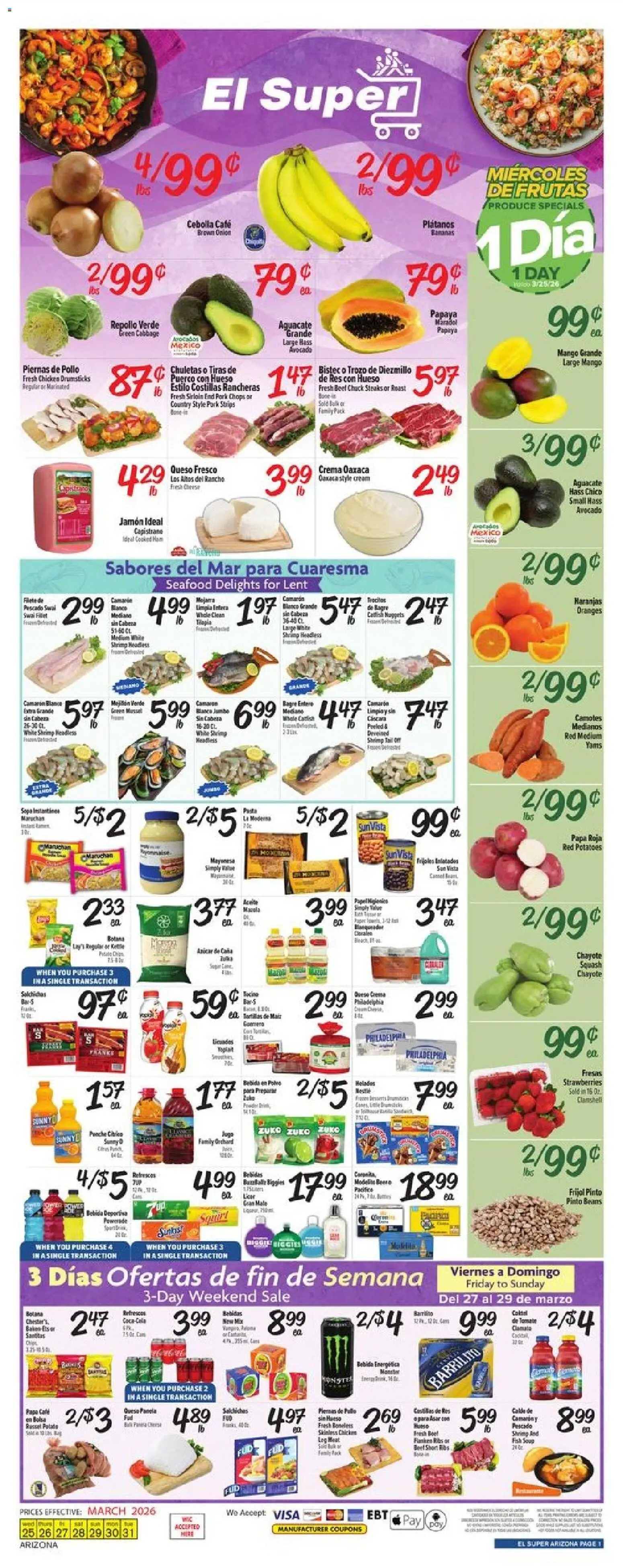 Ad Preview of El Super El Super Weekly Ad - AK from 03/25/2026 - Oranges, Cheese, Shrimp, Onion, Beans, Pork, Drumsticks, Chicken drumsticks