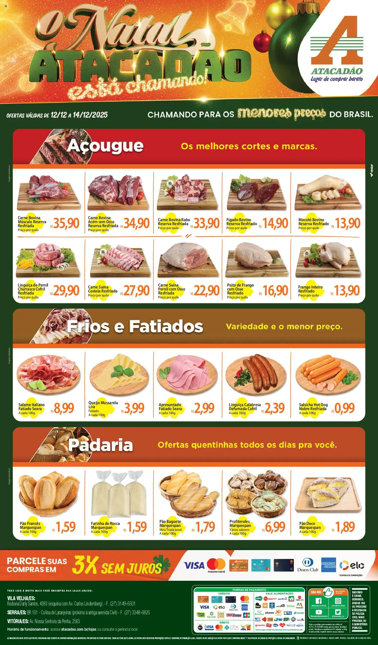Pré-Visualização do folheto "Ofertas - ES" da loja Atacadão válido a partir de 12/12/2025 - Carne, Mussarela, Cola, Profiteroles, Linguiça, Acém, Pão baguete, Carne bovina músculo