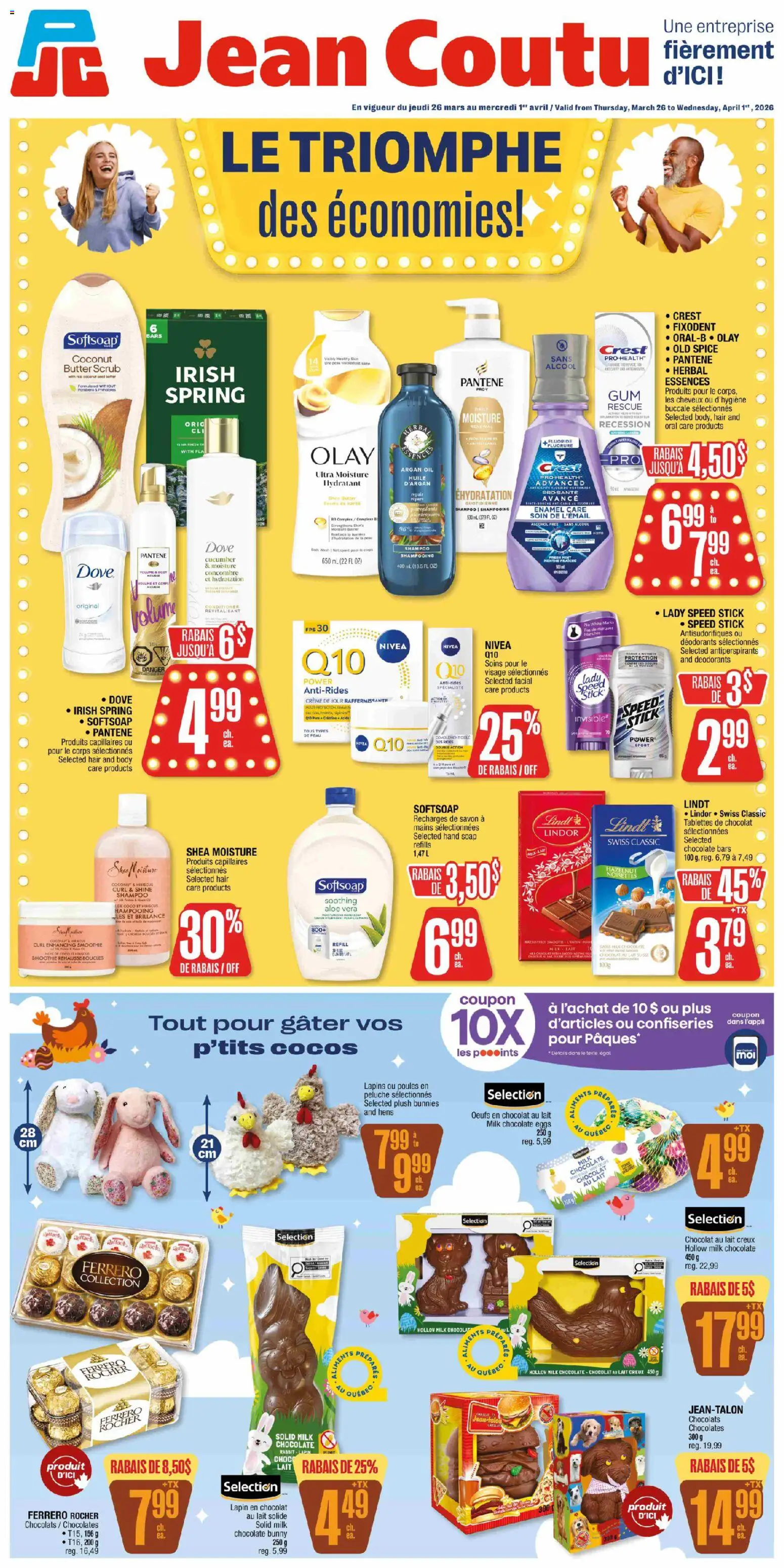 Preview of leaflet Jean Coutu circulaire from shop Jean Coutu is valid from Mar 26, 2026 - Chocolate, Tea, Oil, Coconut, Aloe vera, Shampoo, Soap, Conditioner