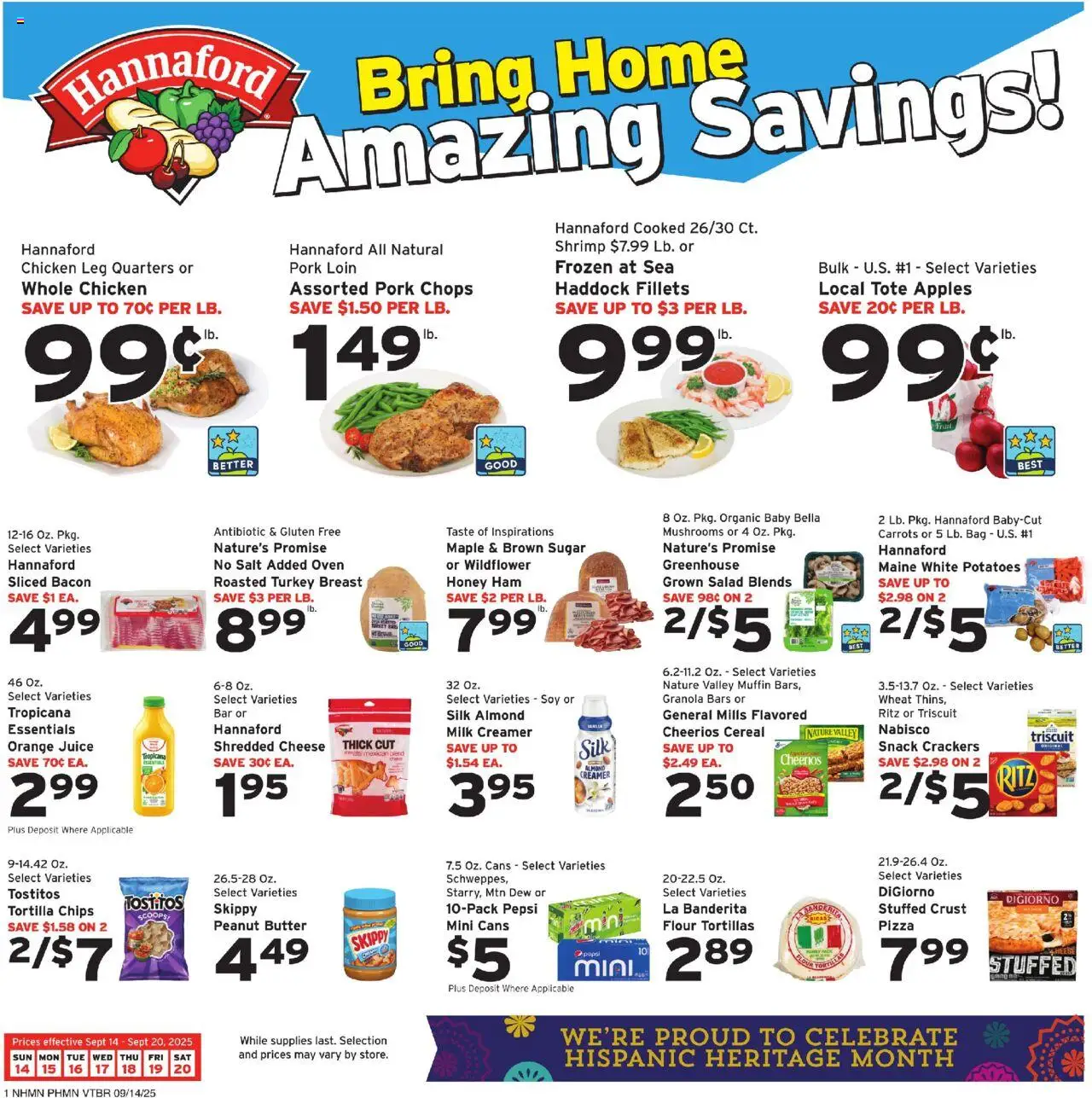 Ad Preview of Hannaford Weekly Ad from 09/14/2025 - Apples, Fruit, Milk, Bacon, Peanut butter, Bag, Crackers, Pork