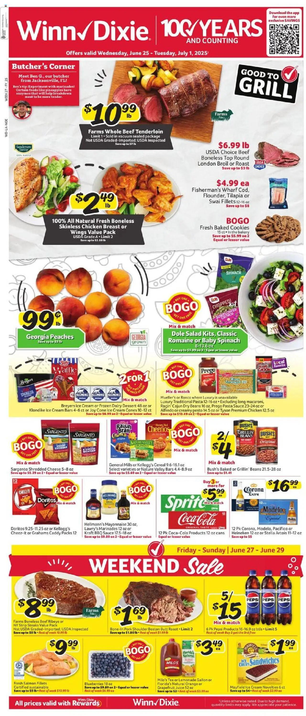Winn Dixie Weekly Ad from 06/25/2025 - Flyer - Page number 1 - Ice, Peaches, Lemonade, Meat, Tilapia, Beef, Pork, Baby spinach