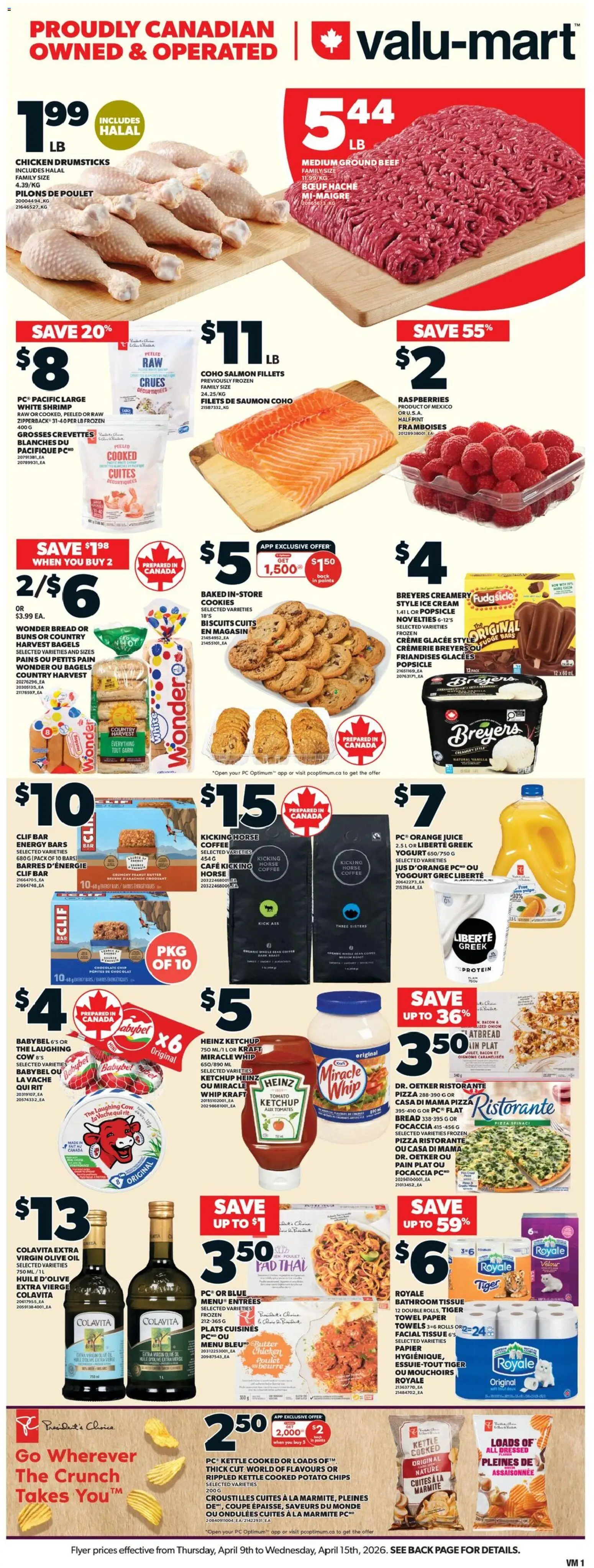 Preview of leaflet Valu Mart weekly flyer from shop Valu Mart is valid from Apr 09, 2026 - Ice cream, Cookies, PC, Juice, Beef, Vanilla, Towels, Extra virgin olive oil