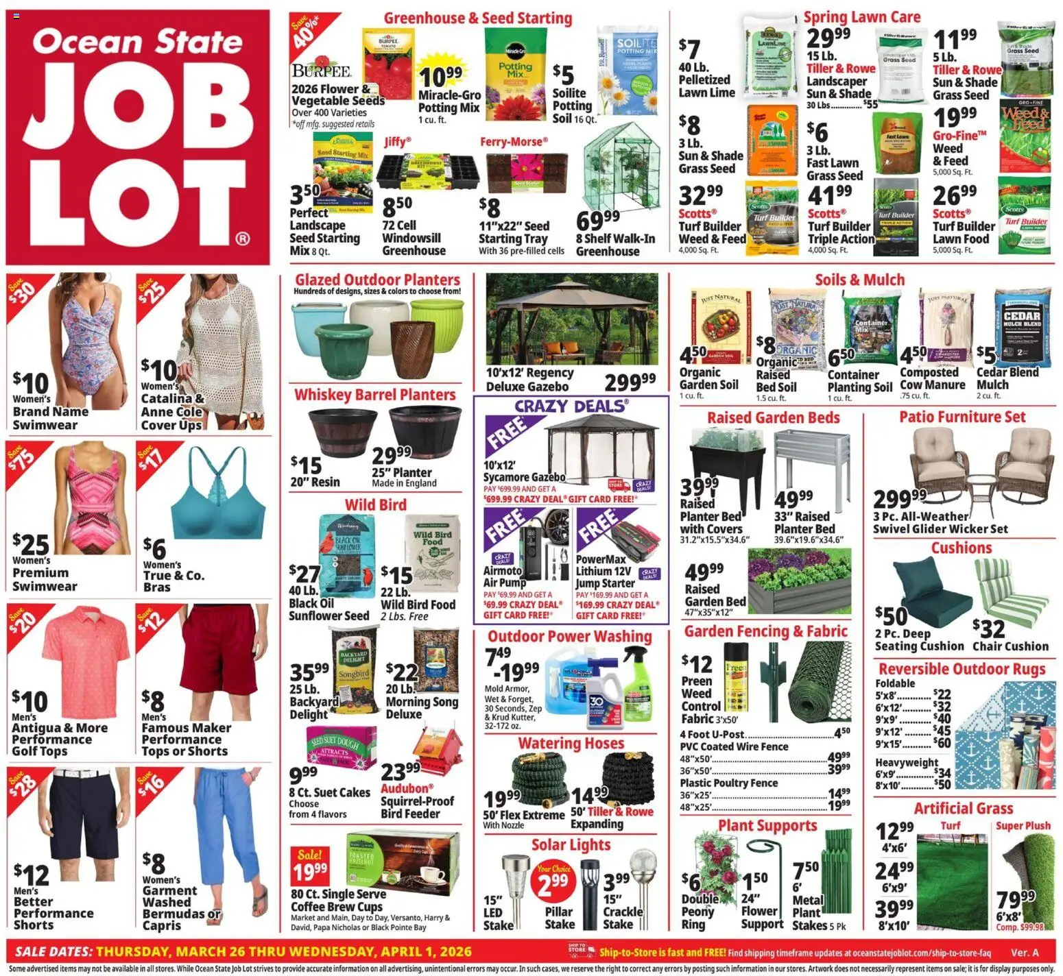 Ad Preview of Ocean State Job Lot Ocean State Job Lot Weekly Ad from 03/26/2026 - Coffee, Ring, Patio furniture, Bed, Shorts, Chair, Poultry, Swivel