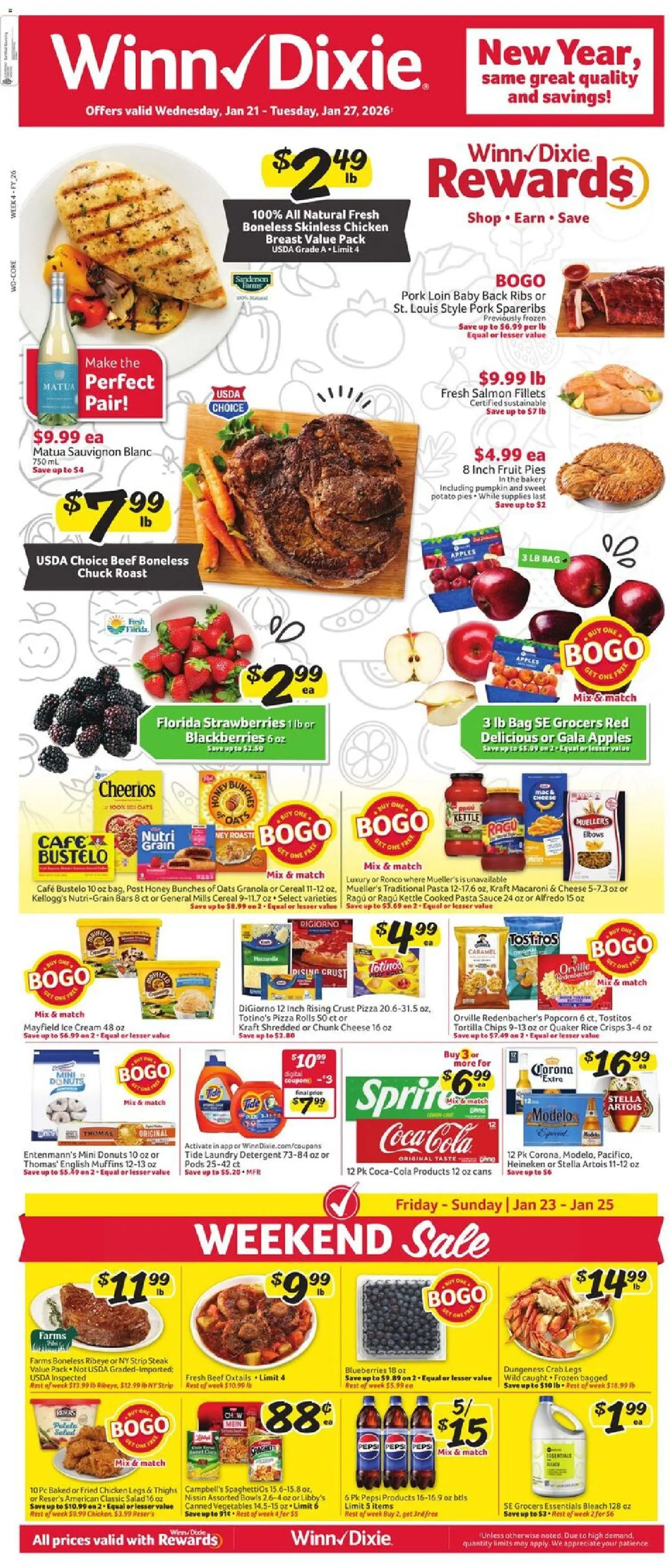 Ad Preview of Winn Dixie Weekly Ad from 01/21/2026 - Apples, Ice cream, Chips, Vegetables, Cheese, Rice, Muffins, Fresh salmon