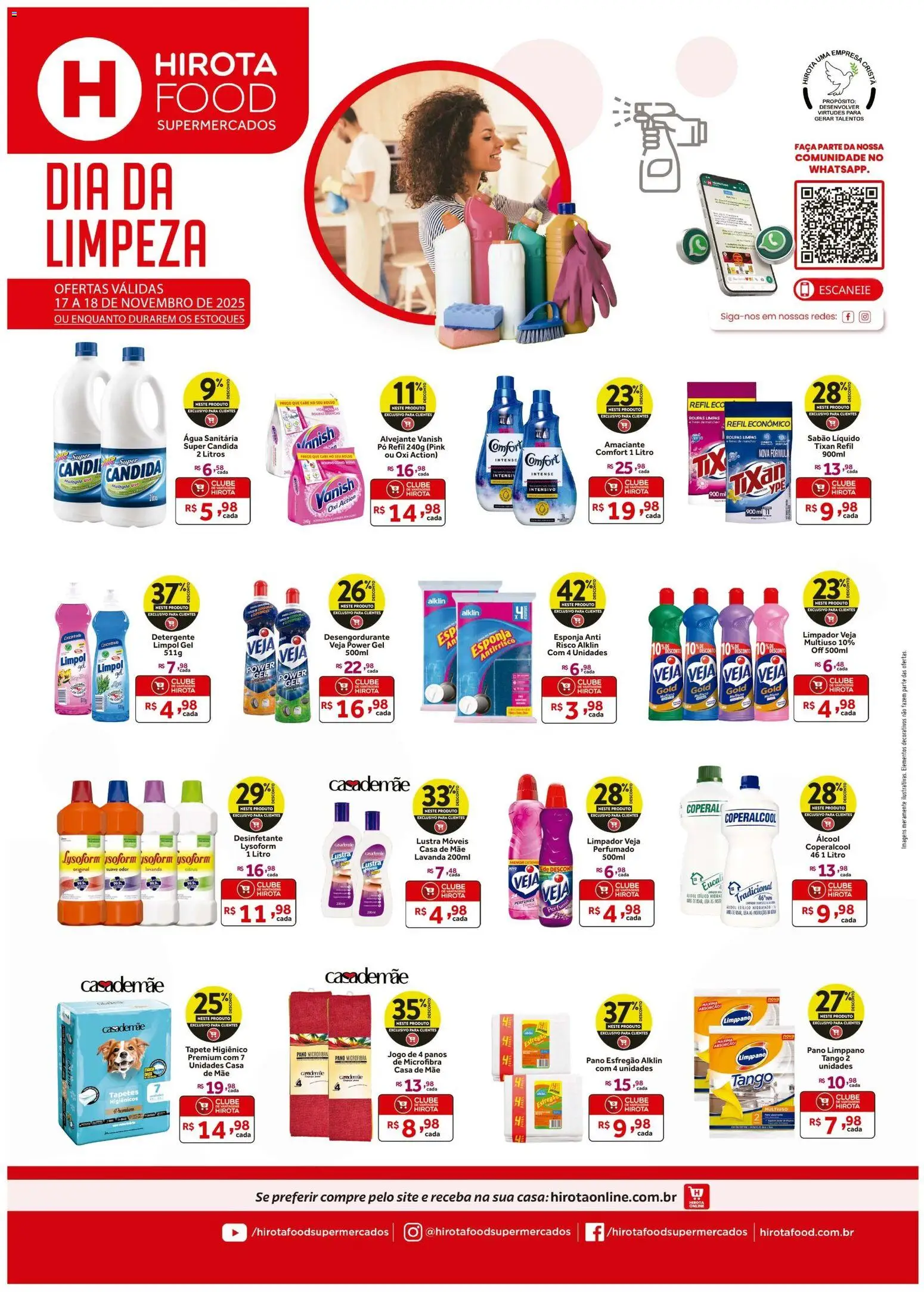Pré-Visualização do folheto "Ofertas Dia da Limpeza" da loja Hirota Food válido a partir de 17/11/2025 - Perfume, Água, Tapete, Detergente, Água sanitária, Esponja, Desengordurante, Sabão