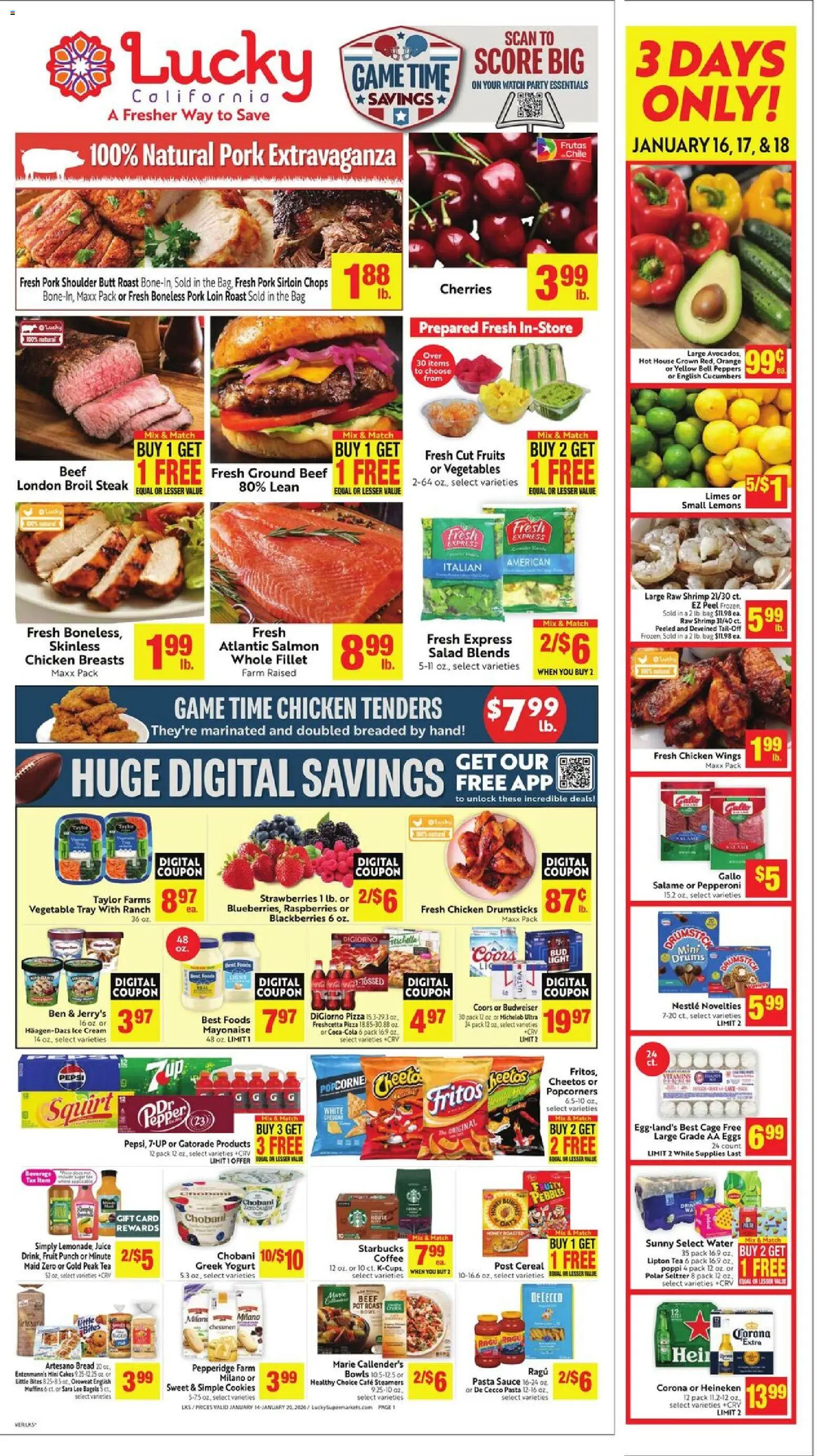Ad Preview of Lucky Supermarkets Weekly Ad from 01/14/2026 - Ice, Tea, Salad, Cherries, Cereal, Bag, Drumsticks, Chicken drumsticks