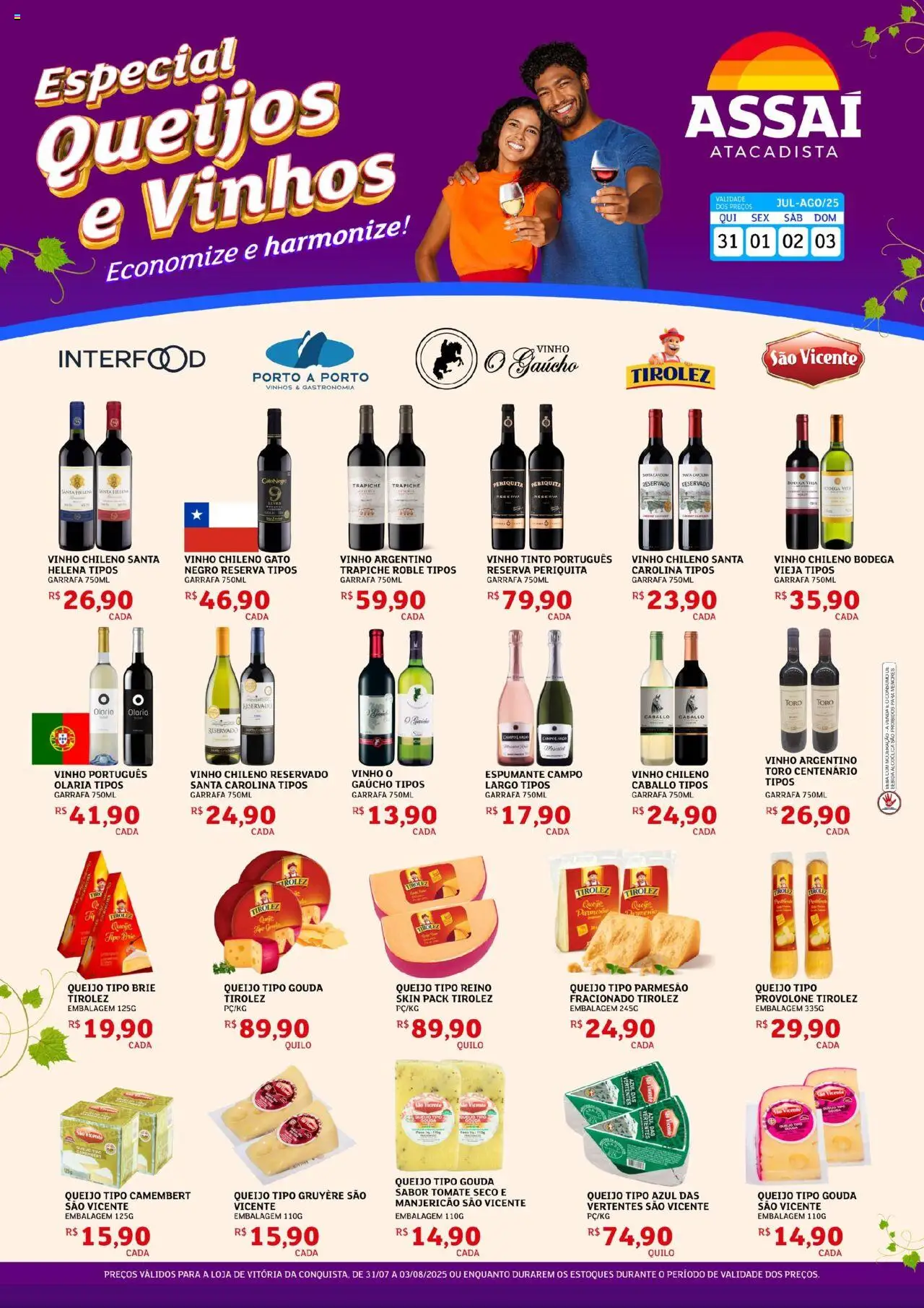 Assaí Atacadista folheto "Encarte - BA" válido a partir de 31/07/2025 - número de página 1 - Vinho, Queijo, Tomate, Provolone, Vinho tinto, Parmesão, Camembert, Gouda