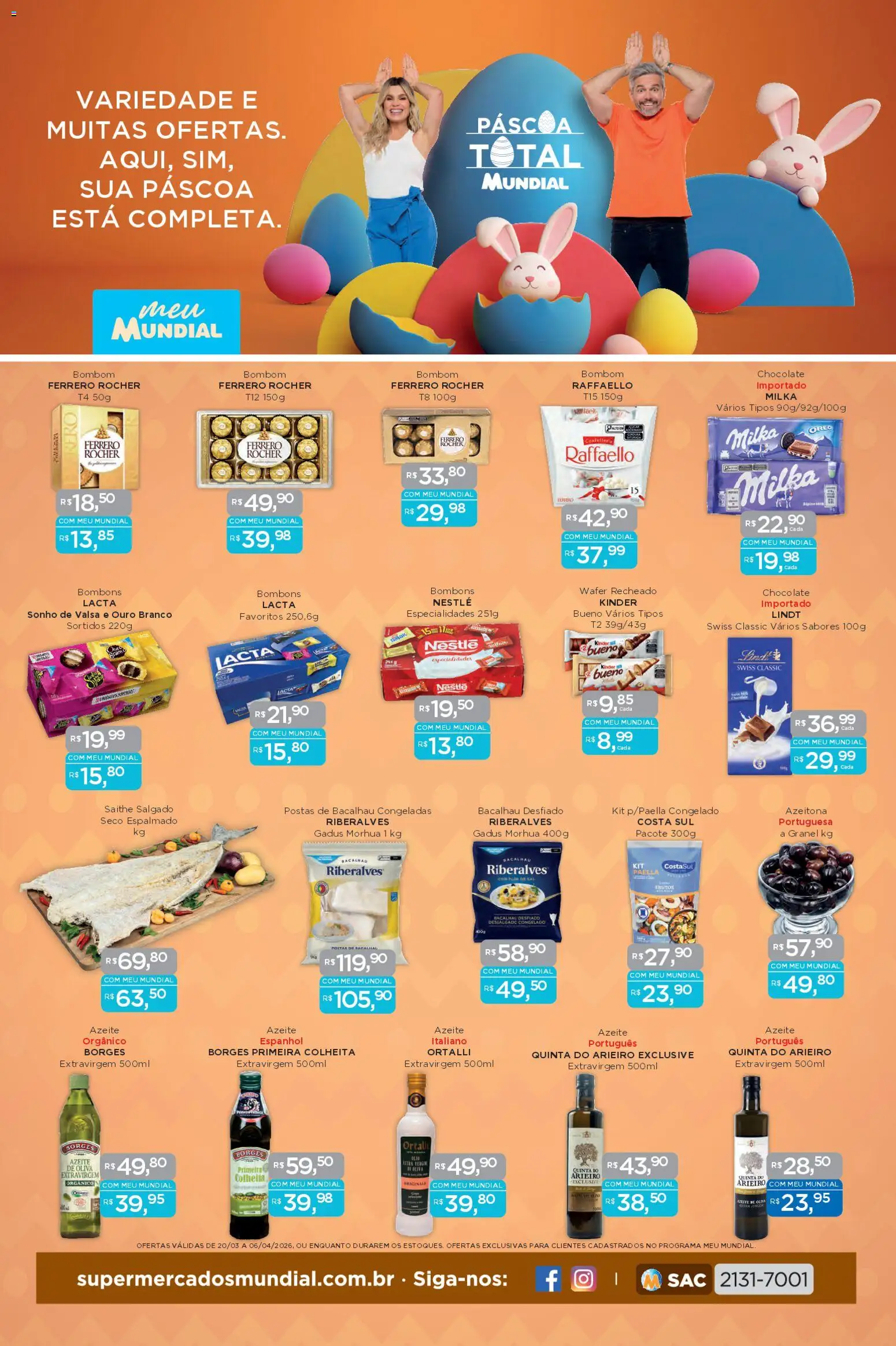 Pré-Visualização do folheto "Mundial ofertas" da loja Mundial válido a partir de 20/03/2026 - Chocolate, Ferrero Rocher, Sonho, Azeite, Bacalhau, Bombom, Especialidades