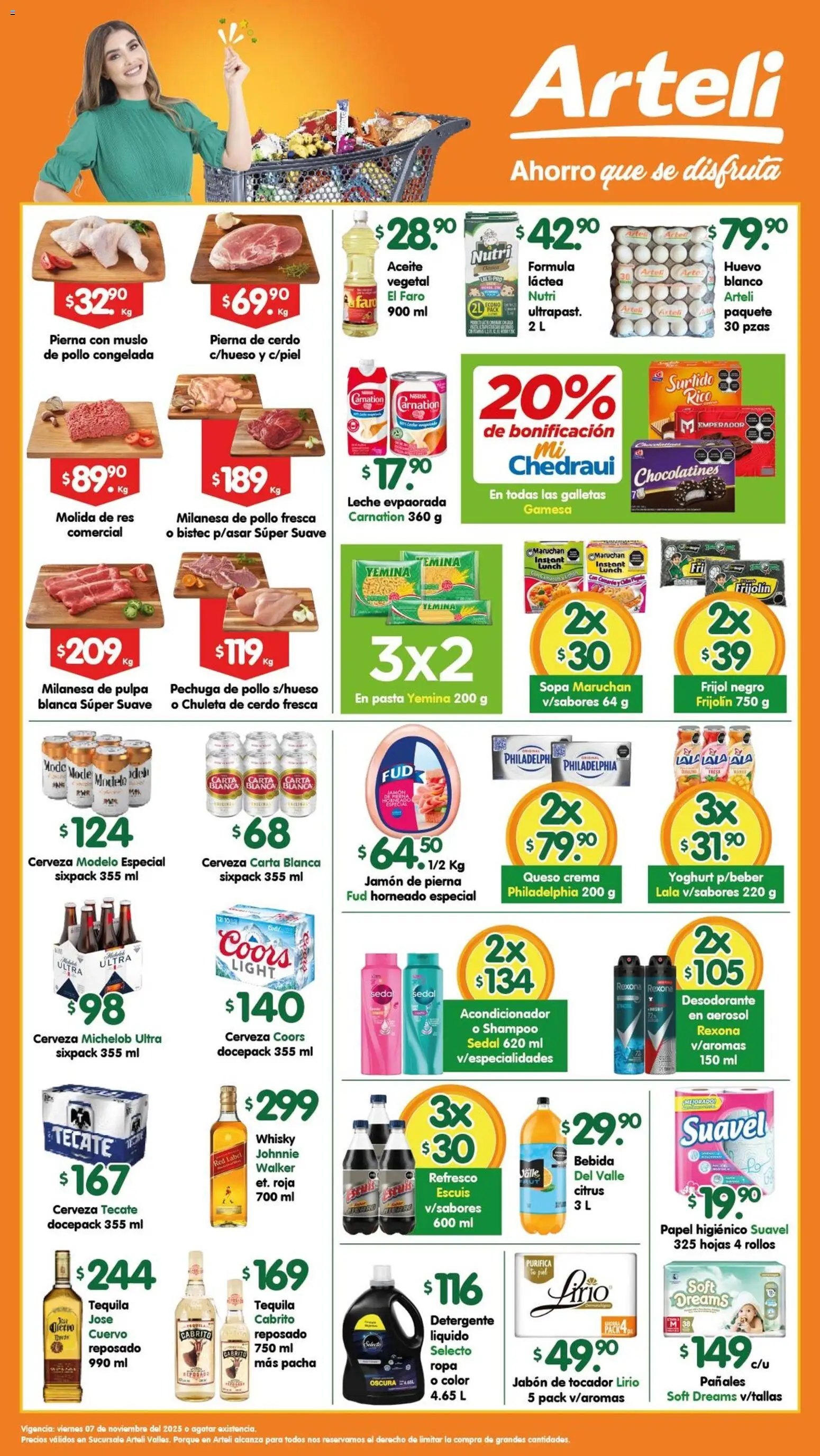 Vista previa las ofertas de la tienda Arteli - Folleto Valles desde el 07/11/2025 - Tequila, Whisky, Pasta, Queso crema, Huevo, Aceite, Refresco, Jamón