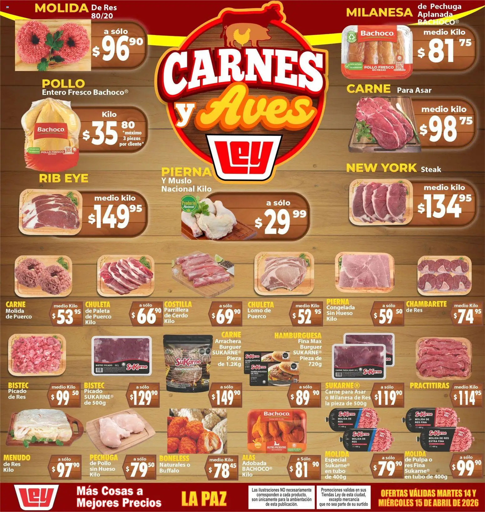 Vista previa las ofertas de la tienda Casa Ley - Casa Ley folleto Carnes y Aves La Paz desde el 14/04/2026 - Pollo, Carne, Aves, Cerdo, Milanesa, Res, Chambarete, Chuleta