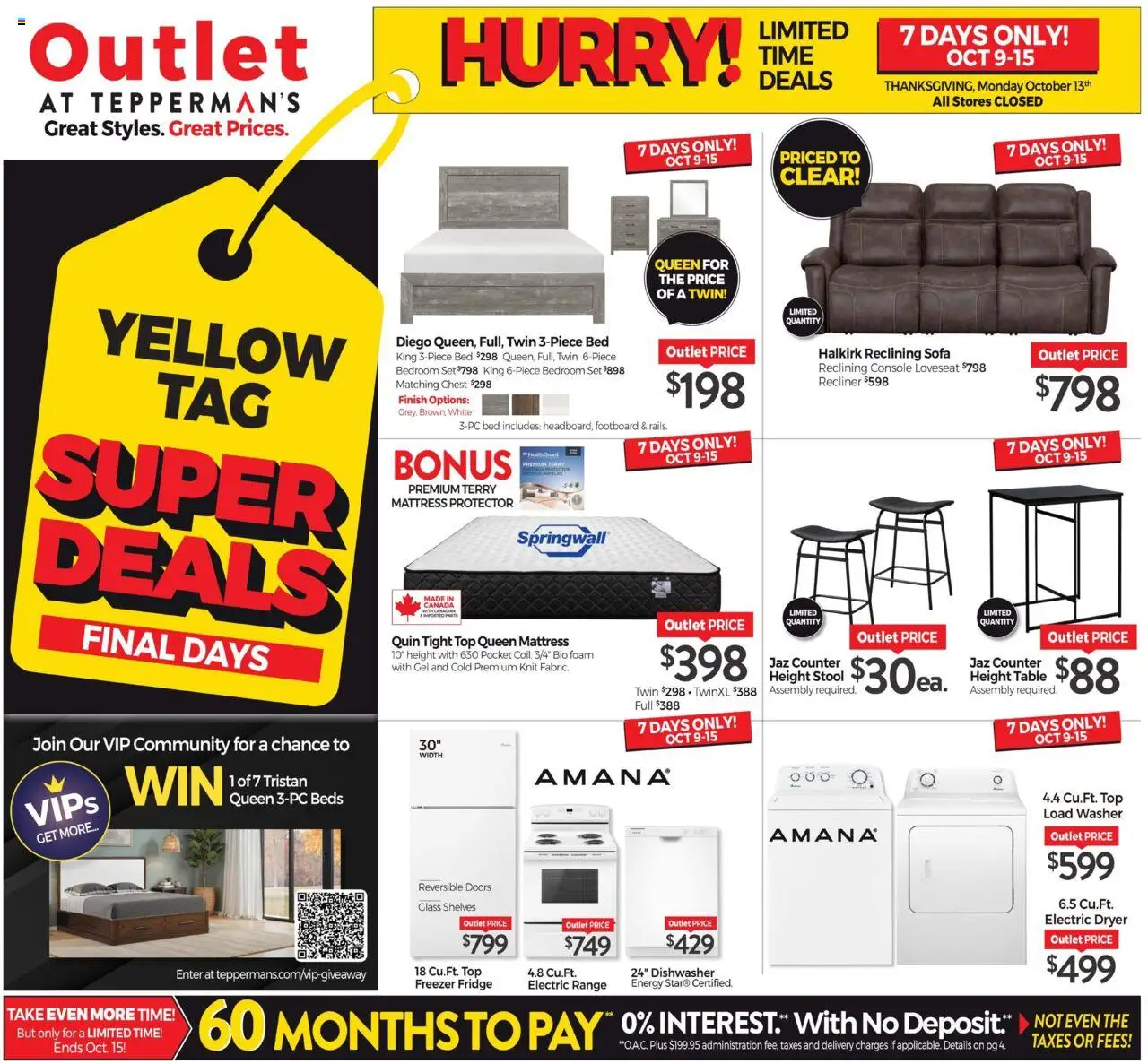 Tepperman's flyer valid from Oct 09, 2025 - page number 1 - Mattress, Sofa, Dishwasher, Bed, Freezer, Dryer, Foam, Table