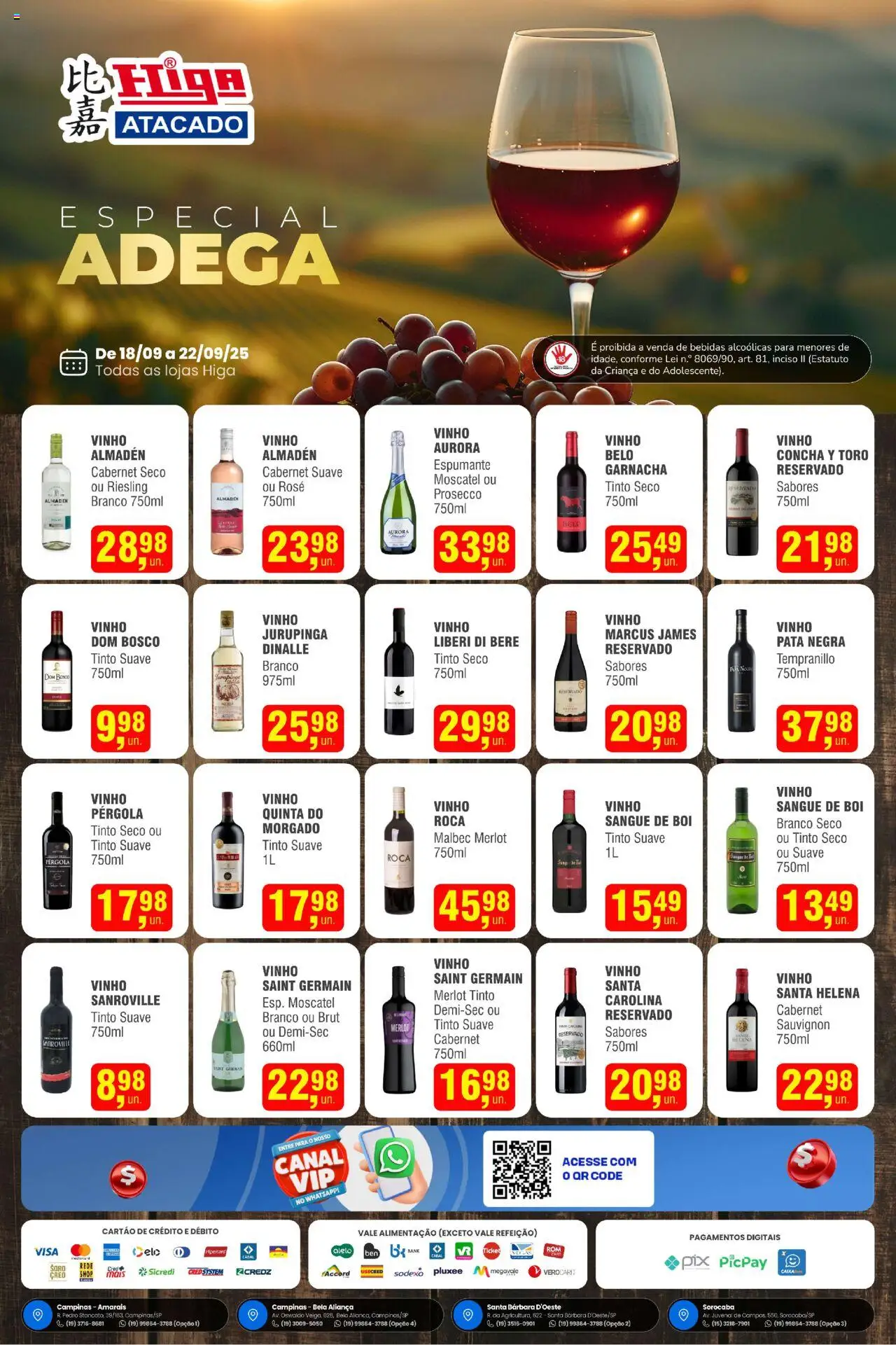 Higa Atacado folheto "Ofertas Especial de Vinhos" válido a partir de 18/09/2025 - número de página 1 - Aliança, Vinho, Bebidas, Espumante, Prosecco